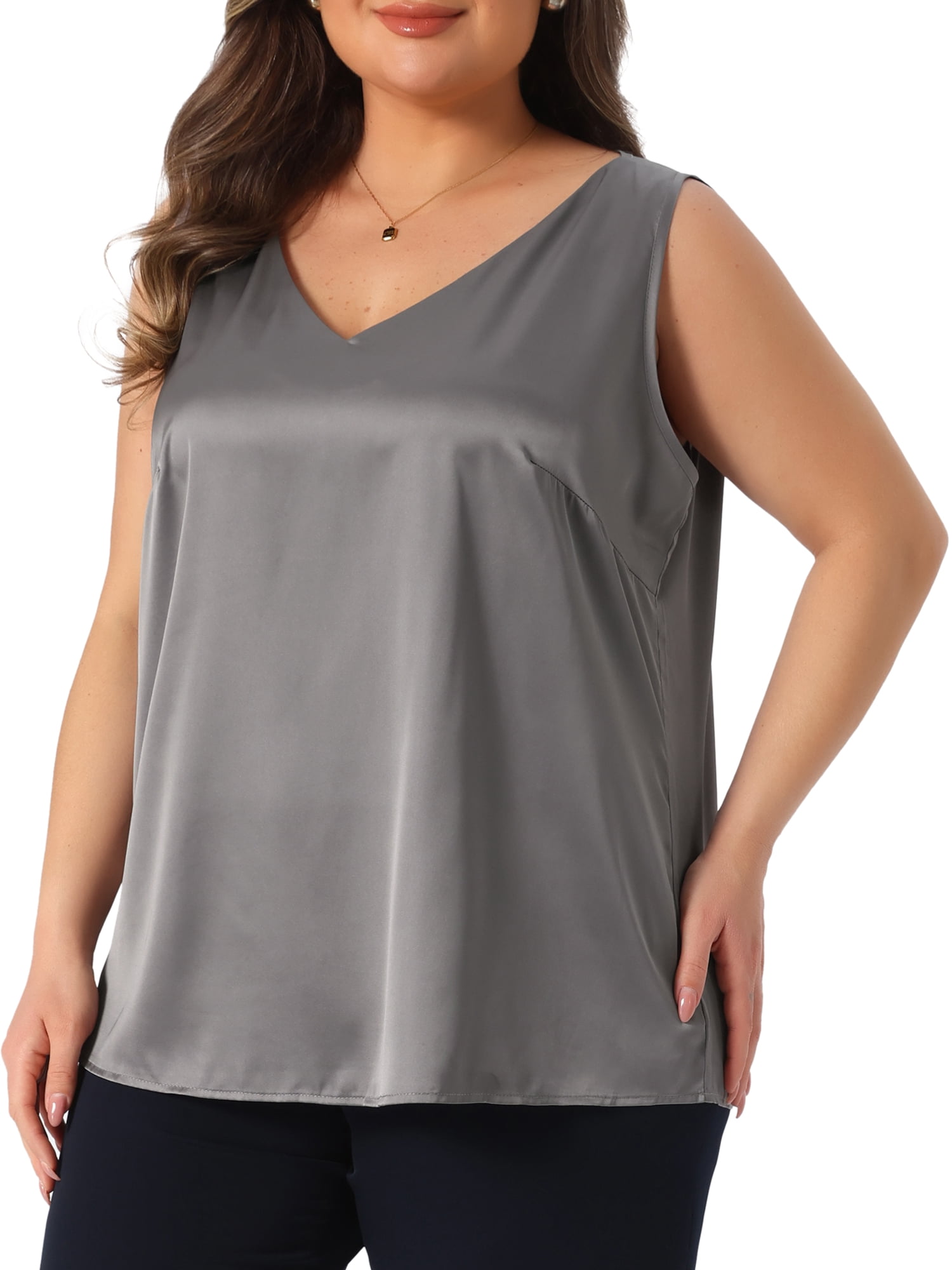 DARING DIVA Women's Plus Casual Silk Satin Tank Top V Neck Cami Blouse 2X Grey