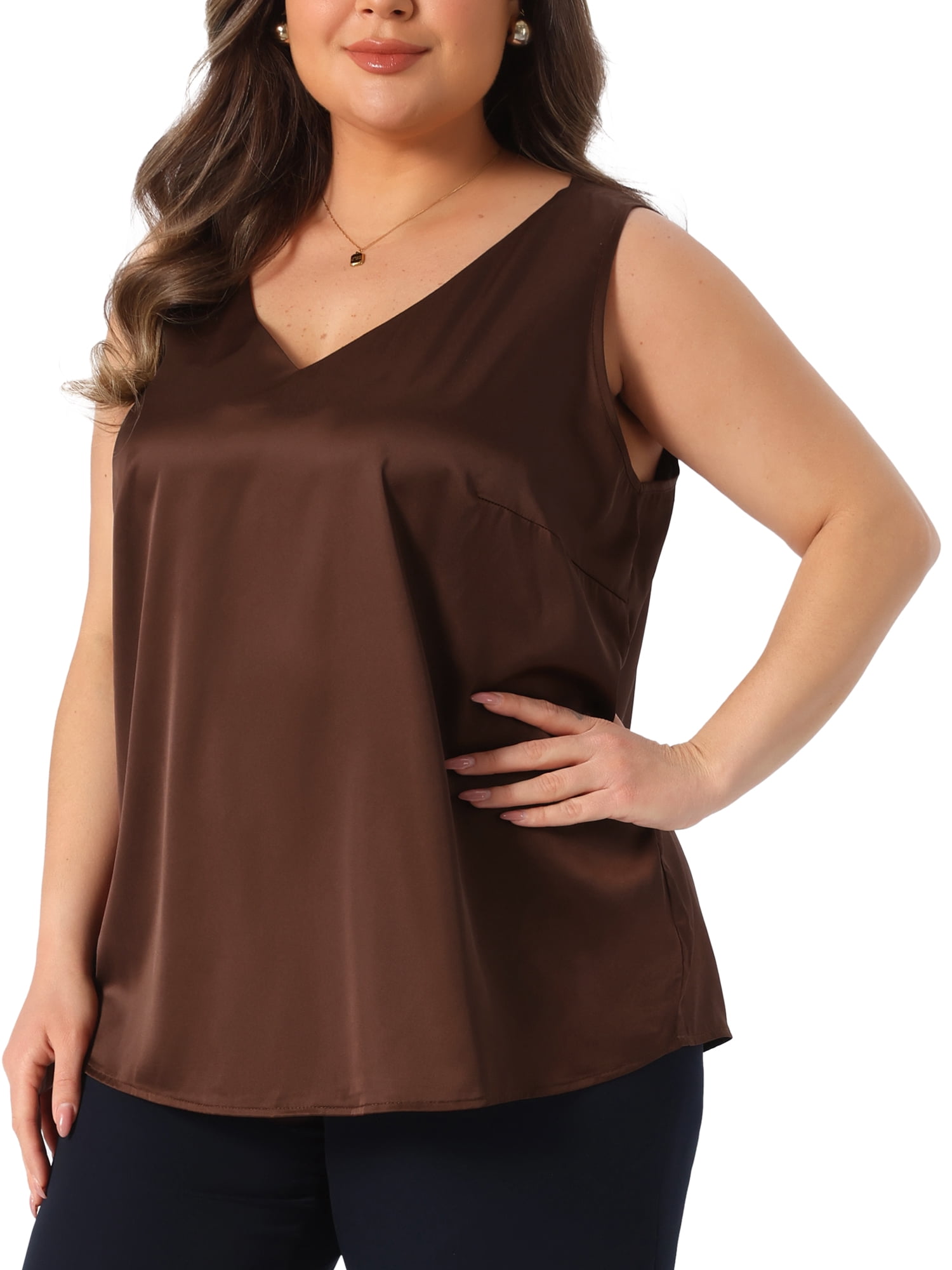 DARING DIVA Women's Plus Casual Silk Satin Tank Top V Neck Cami Blouse 3X Dark Brown