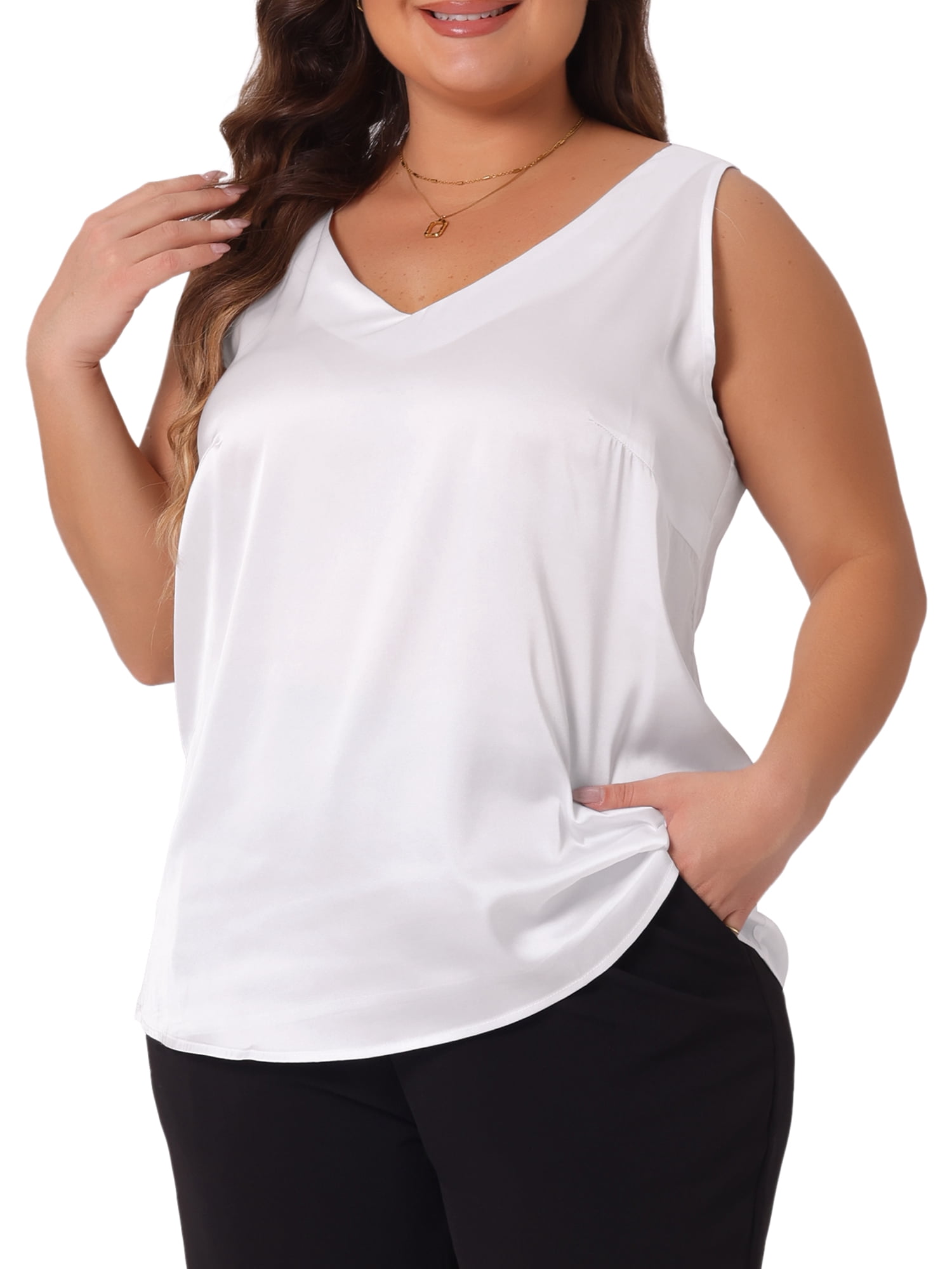 DARING DIVA Women's Plus Casual Silk Satin Tank Top V Neck Cami Blouse 5X White