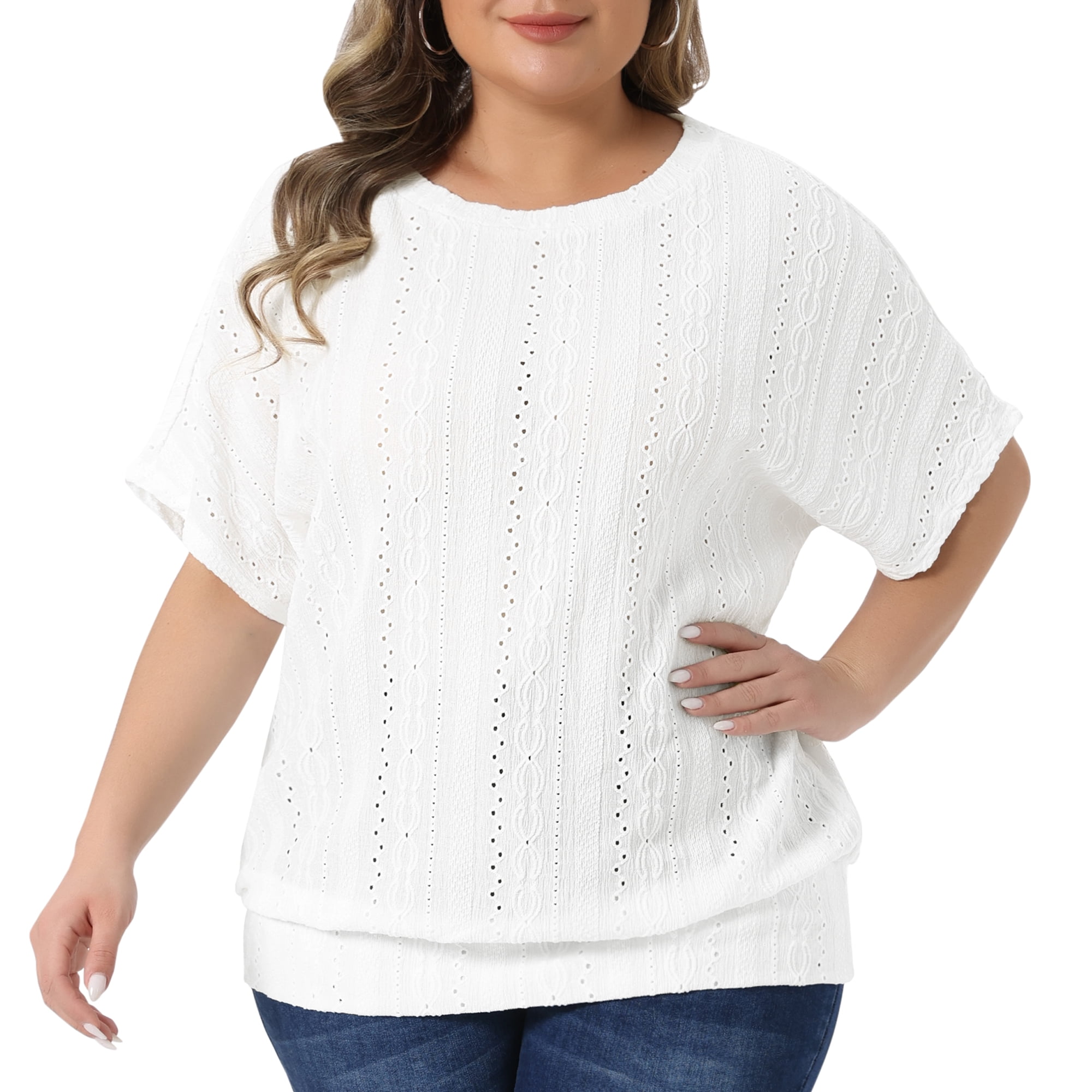 DARING DIVA Women's Plus Crew Neck Hollow Short Sleeve T Shirt 1X White