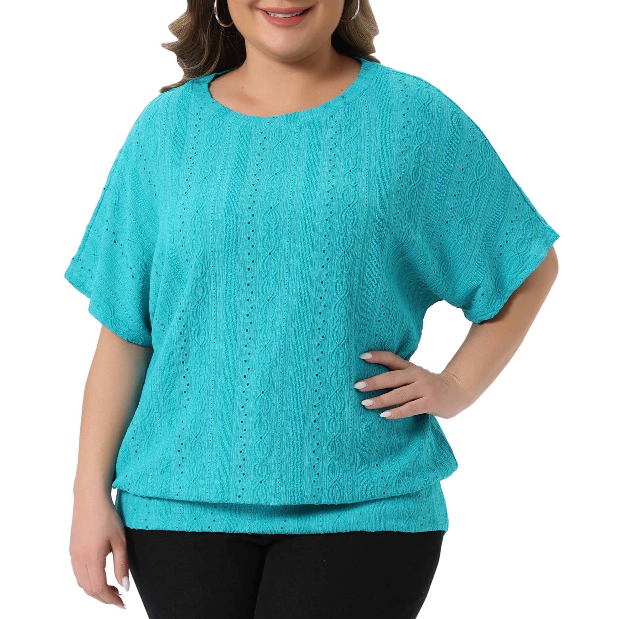 DARING DIVA Women's Plus Crew Neck Hollow Short Sleeve T Shirt 2X Lake Green