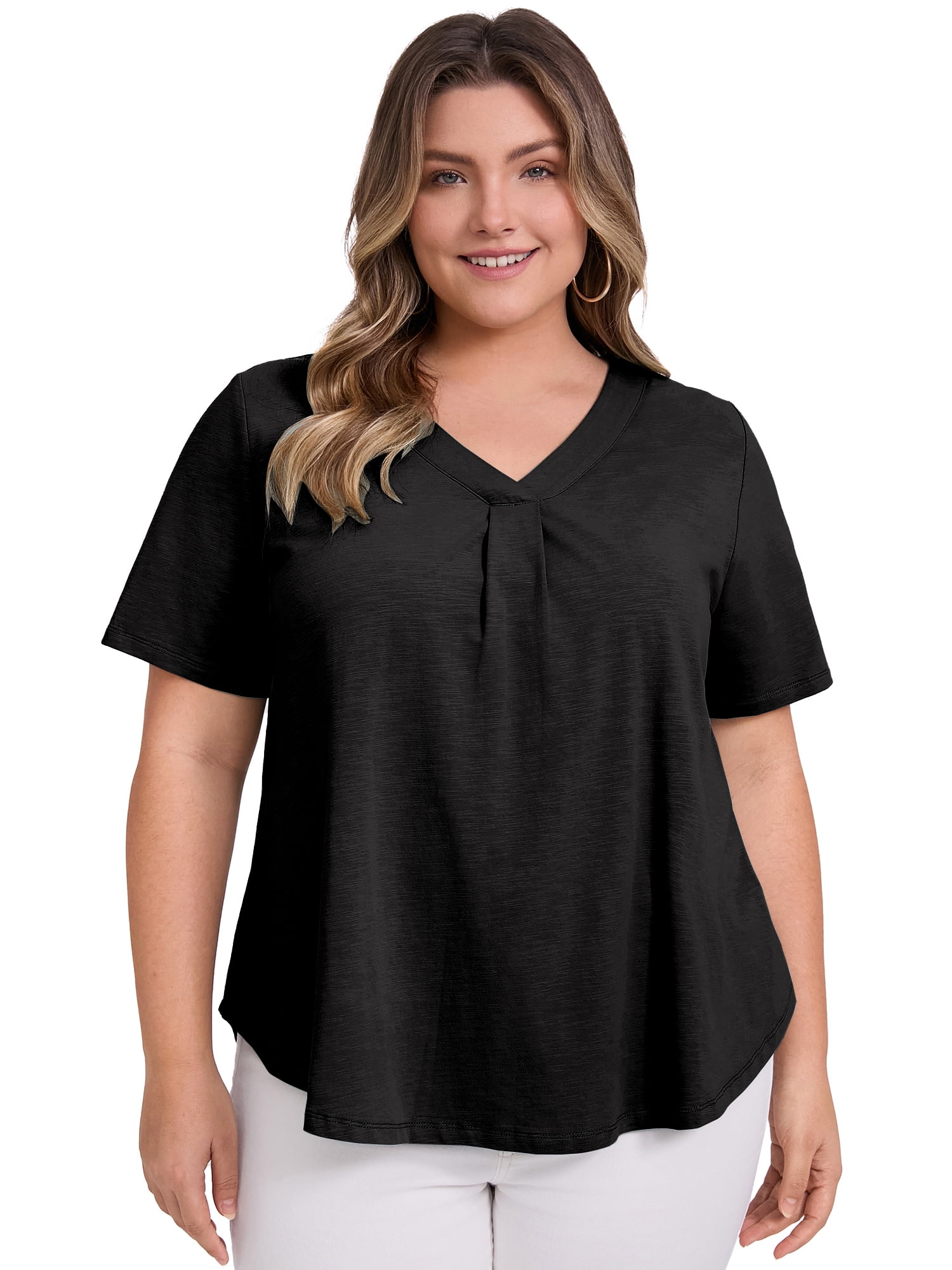 DARING DIVA Women's Plus Casual Trendy Pleated Shirt Dressy Work Blouse 4X Black