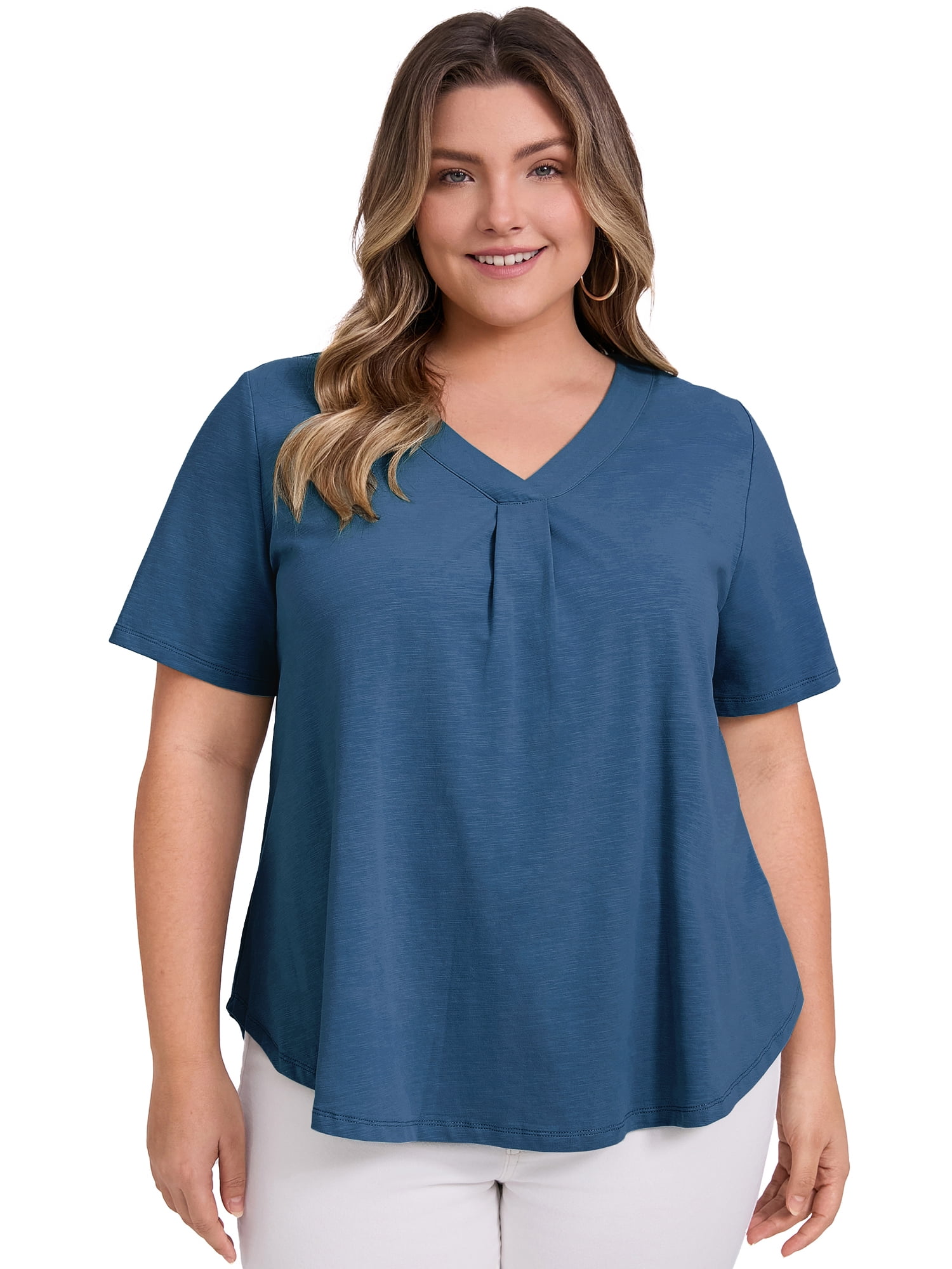DARING DIVA Women's Plus Casual Trendy Pleated Shirt Dressy Work Blouse 4X Navy Blue
