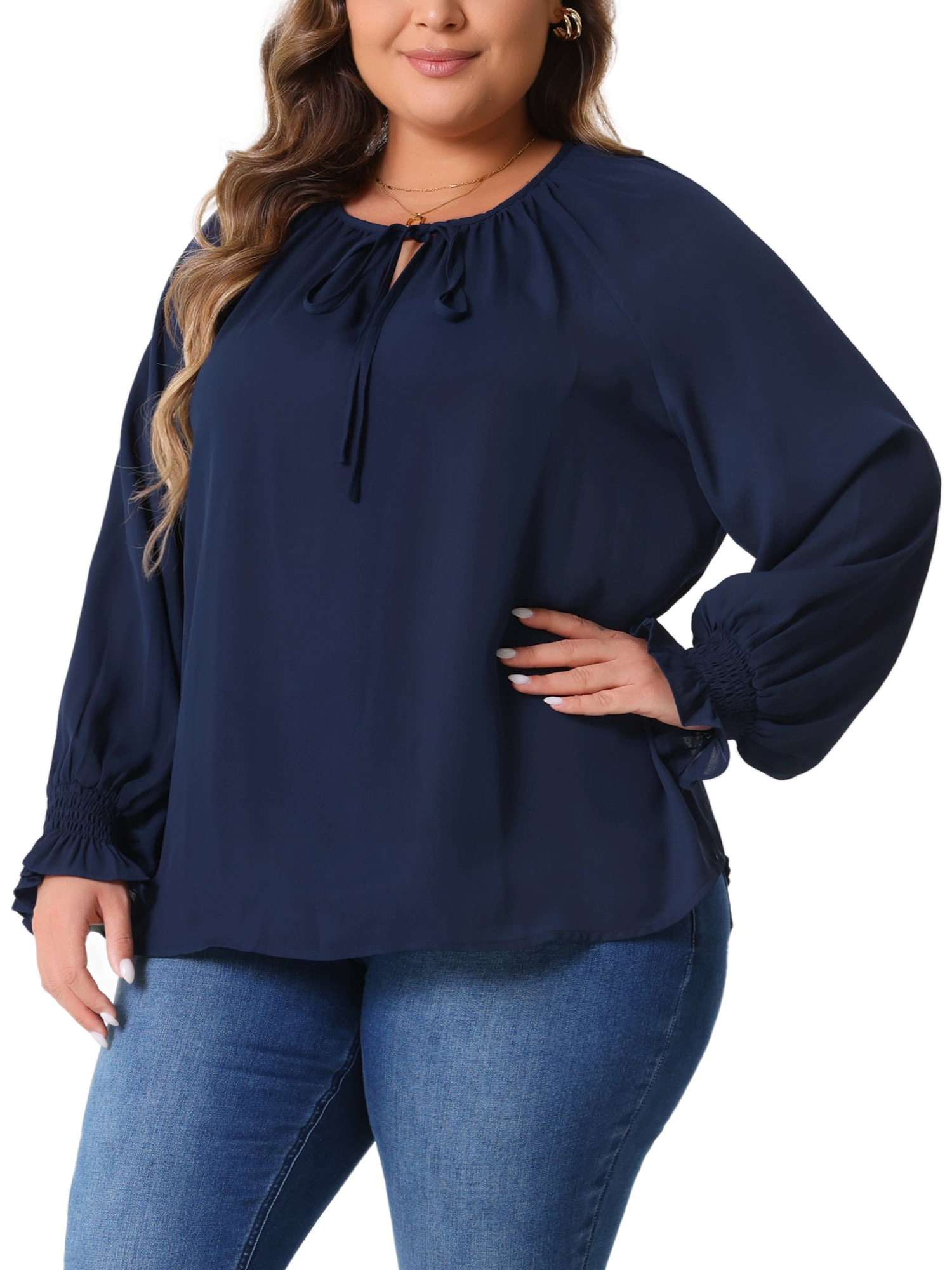 DARING DIVA Women's Plus Casual V Neck Drawstring Long Sleeve Blouse 1X Navy Blue