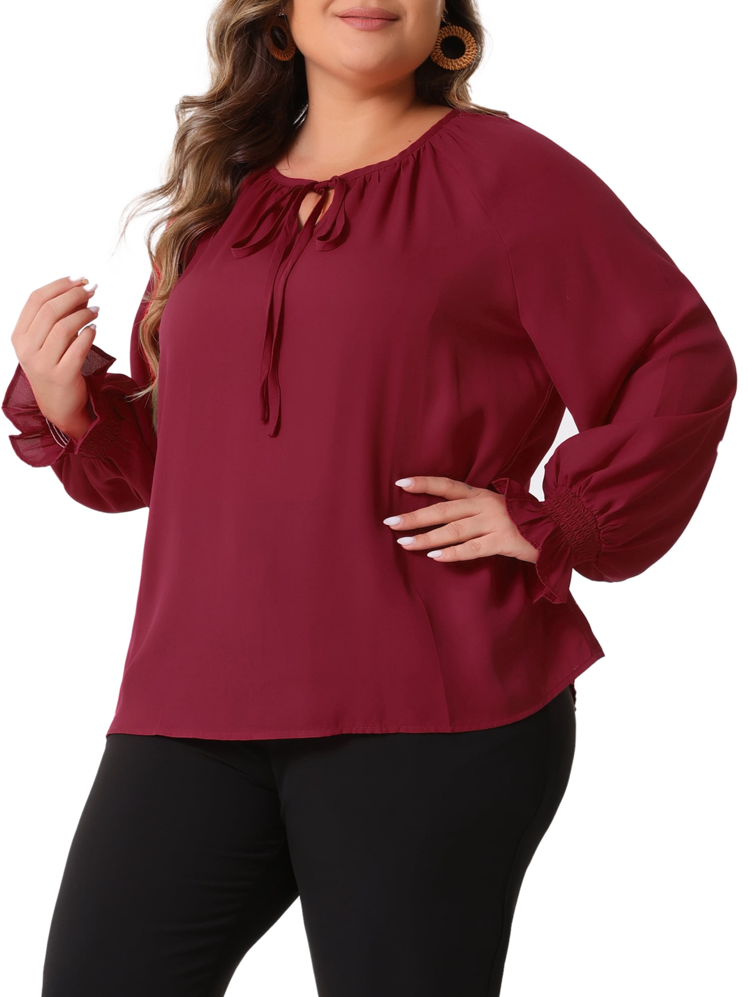 DARING DIVA Women's Plus Casual V Neck Drawstring Long Sleeve Blouse 4X Burgundy