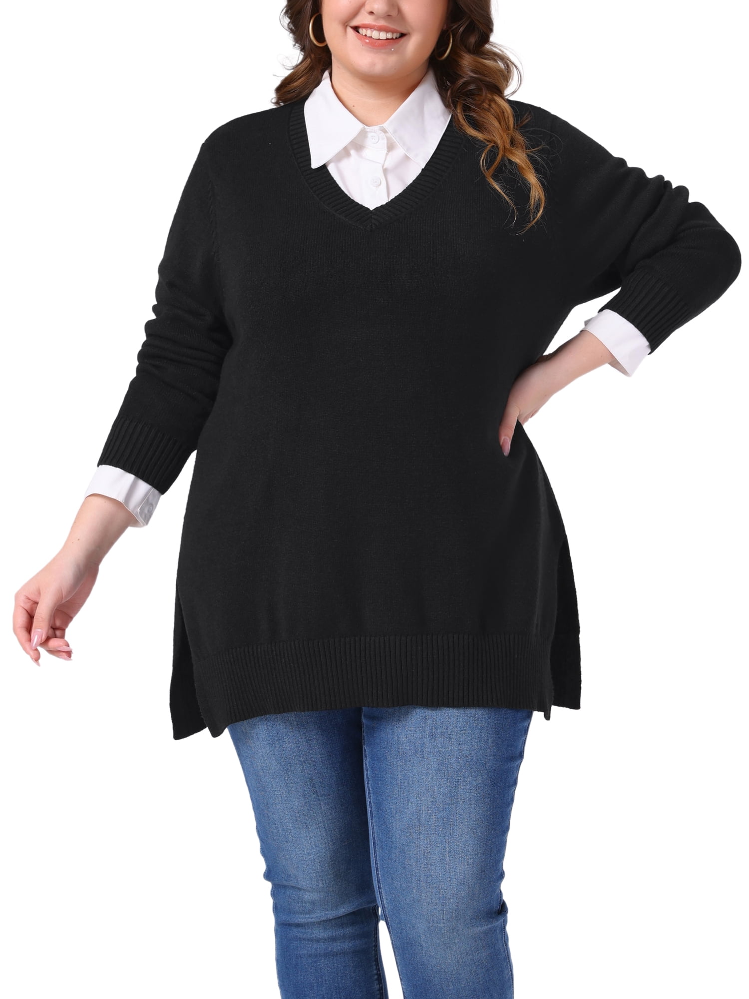 DARING DIVA Women's Plus Casual V Neck Long Sleeve Pullover Sweater 2X Black