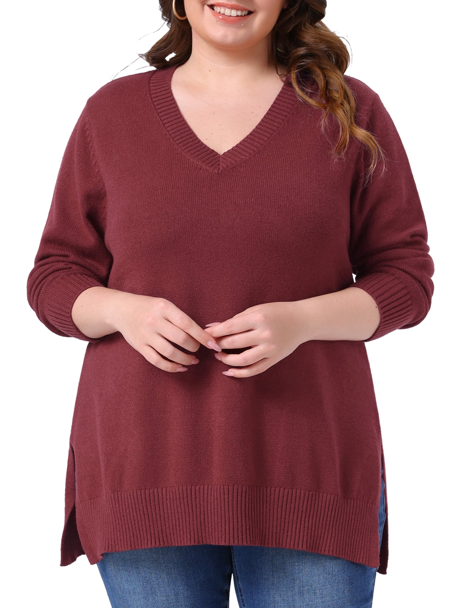 DARING DIVA Women's Plus Casual V Neck Long Sleeve Pullover Sweater 3X Red