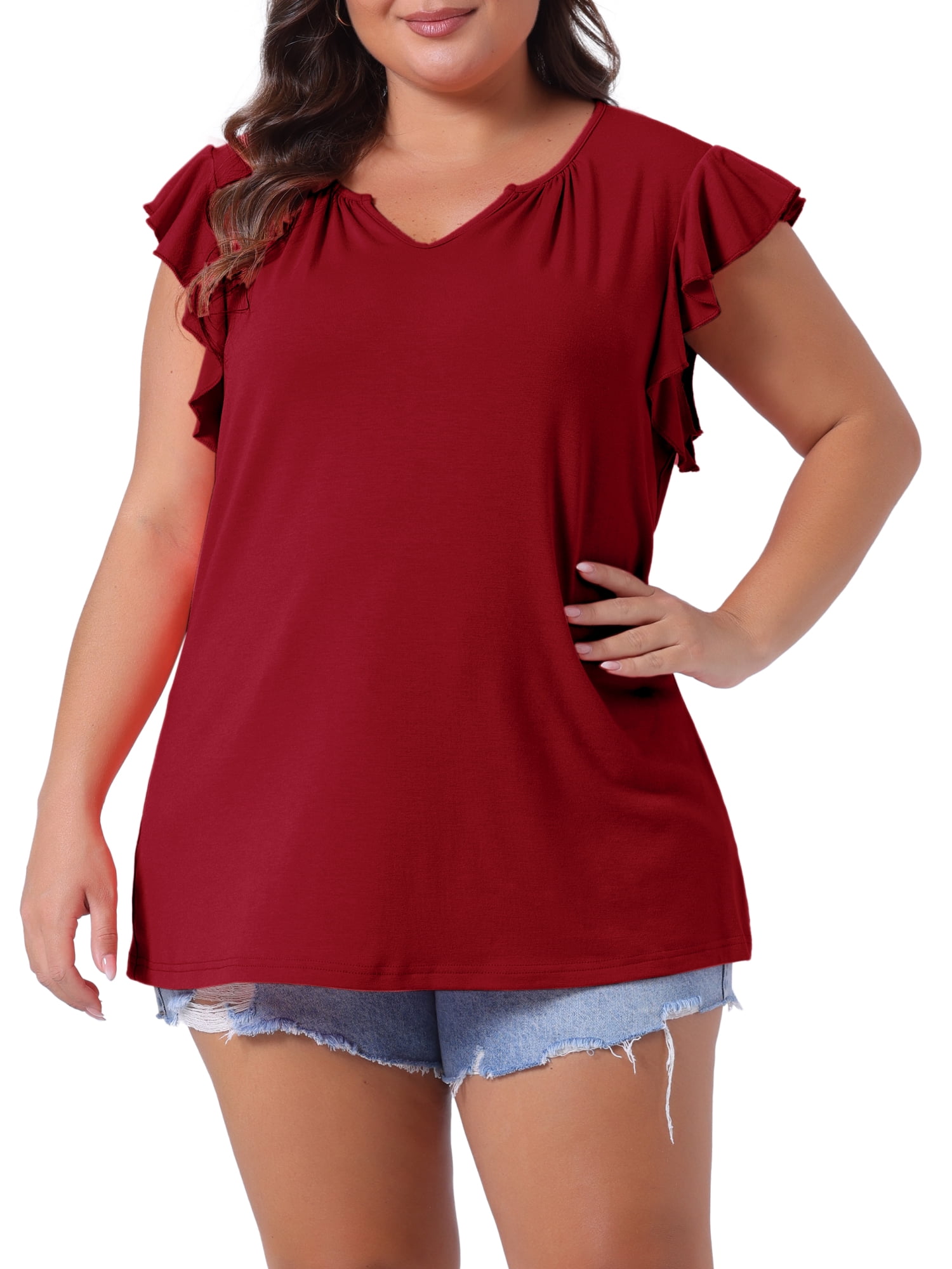 DARING DIVA Women's Plus Casual V Neck Ruffle Casual Top Blouse Tank Tops 4X Wine Red