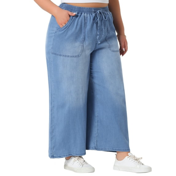 DARING DIVA Women's Plus Chambray Baggy Fit Jeans Denim Pants with Pockets 1X Light Blue