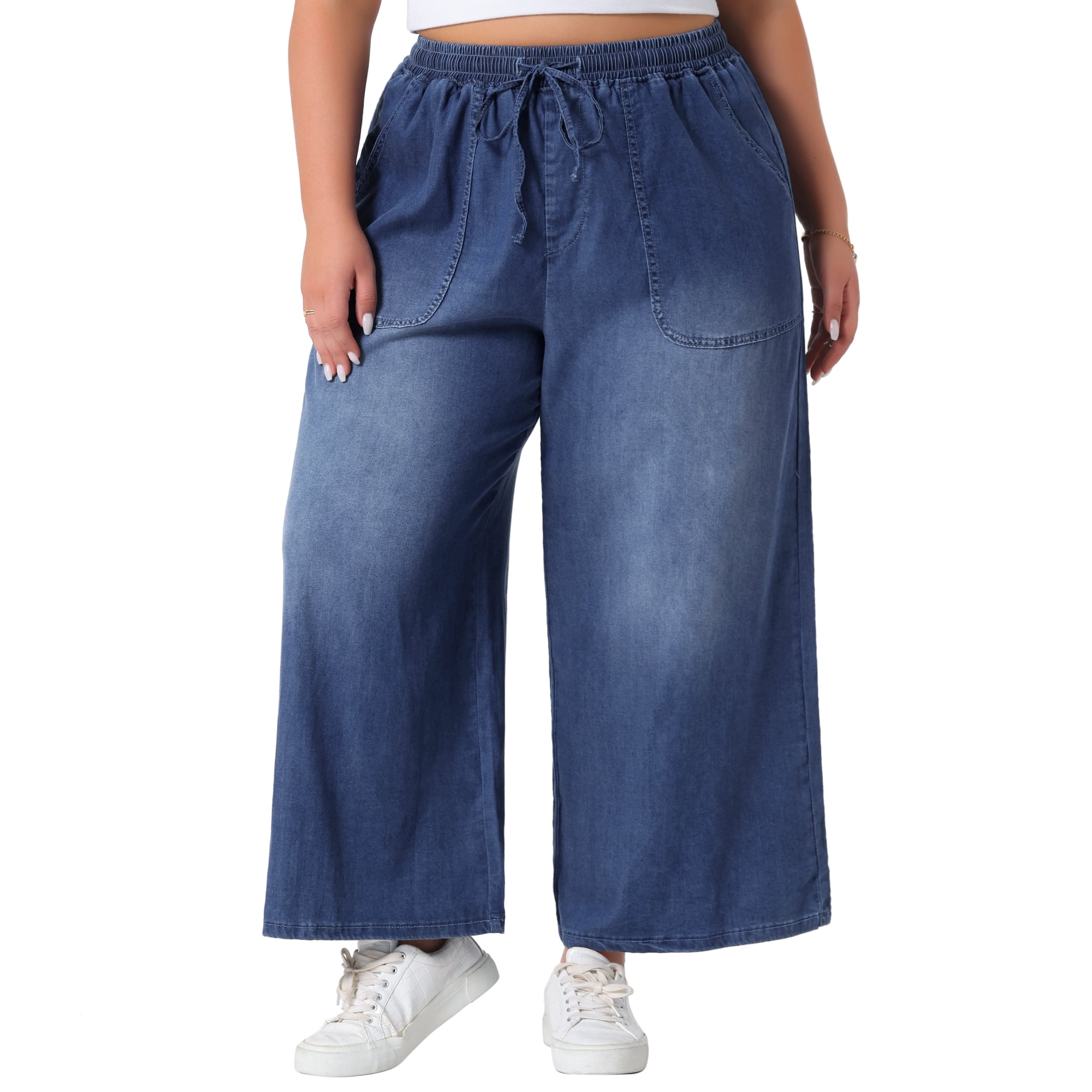 DARING DIVA Women's Plus Chambray Baggy Fit Jeans Denim Pants with Pockets 2X Black Blue