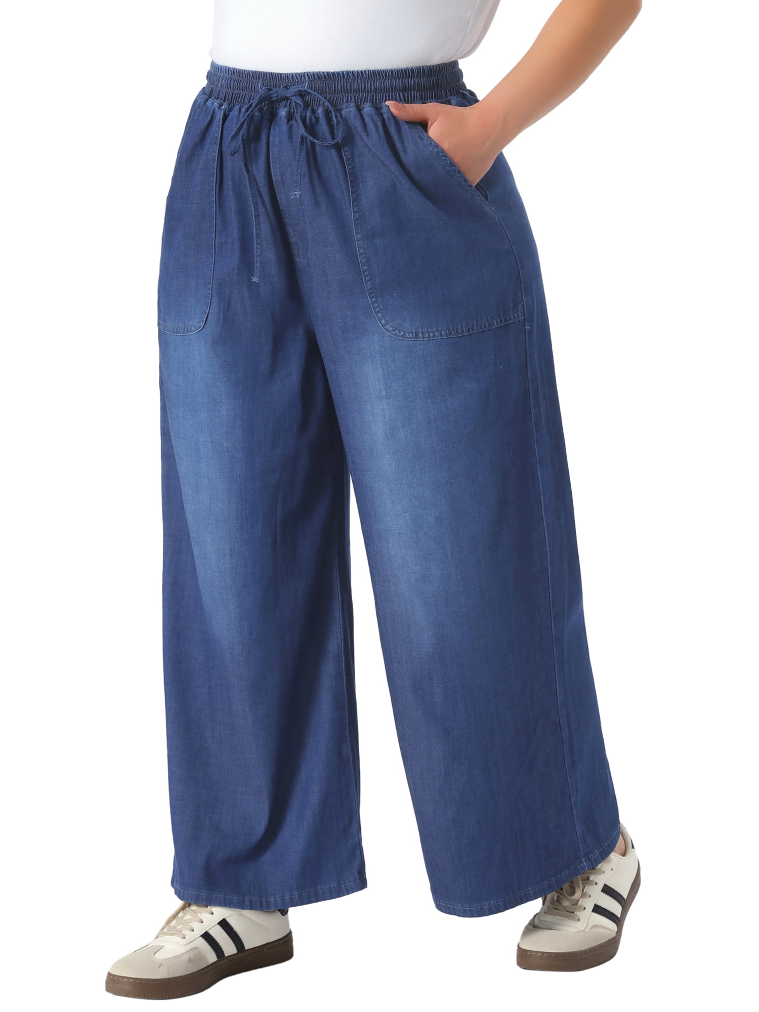 DARING DIVA Women's Plus Chambray Baggy Fit Jeans Denim Pants with Pockets 2X Dark Blue