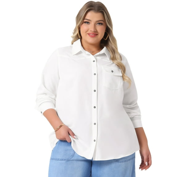 DARING DIVA Women's Plus Chest Pocket Long Sleeve Denim Chambray Shirt 2X White