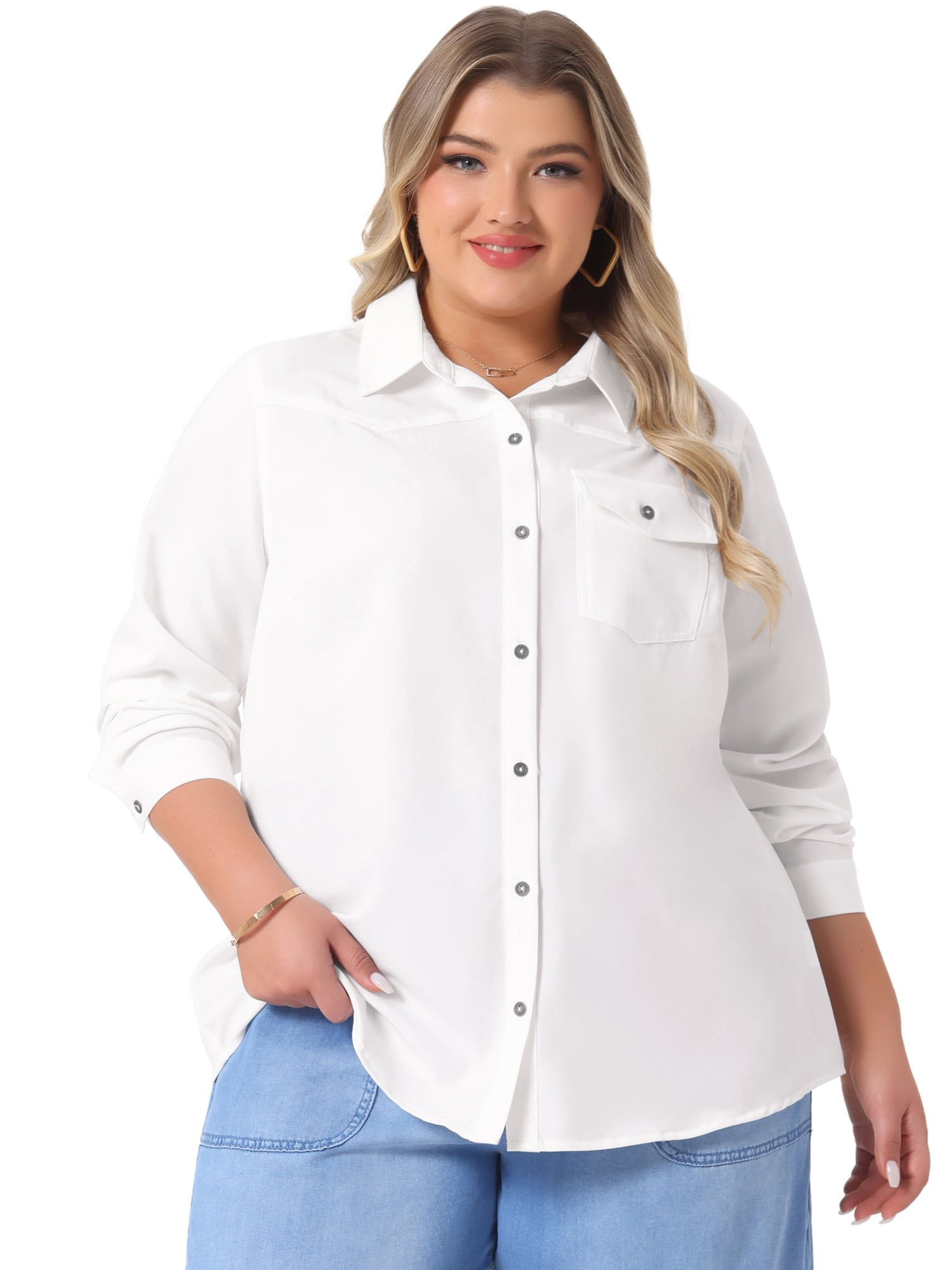 DARING DIVA Women's Plus Chest Pocket Long Sleeve Denim Chambray Shirt 4X White