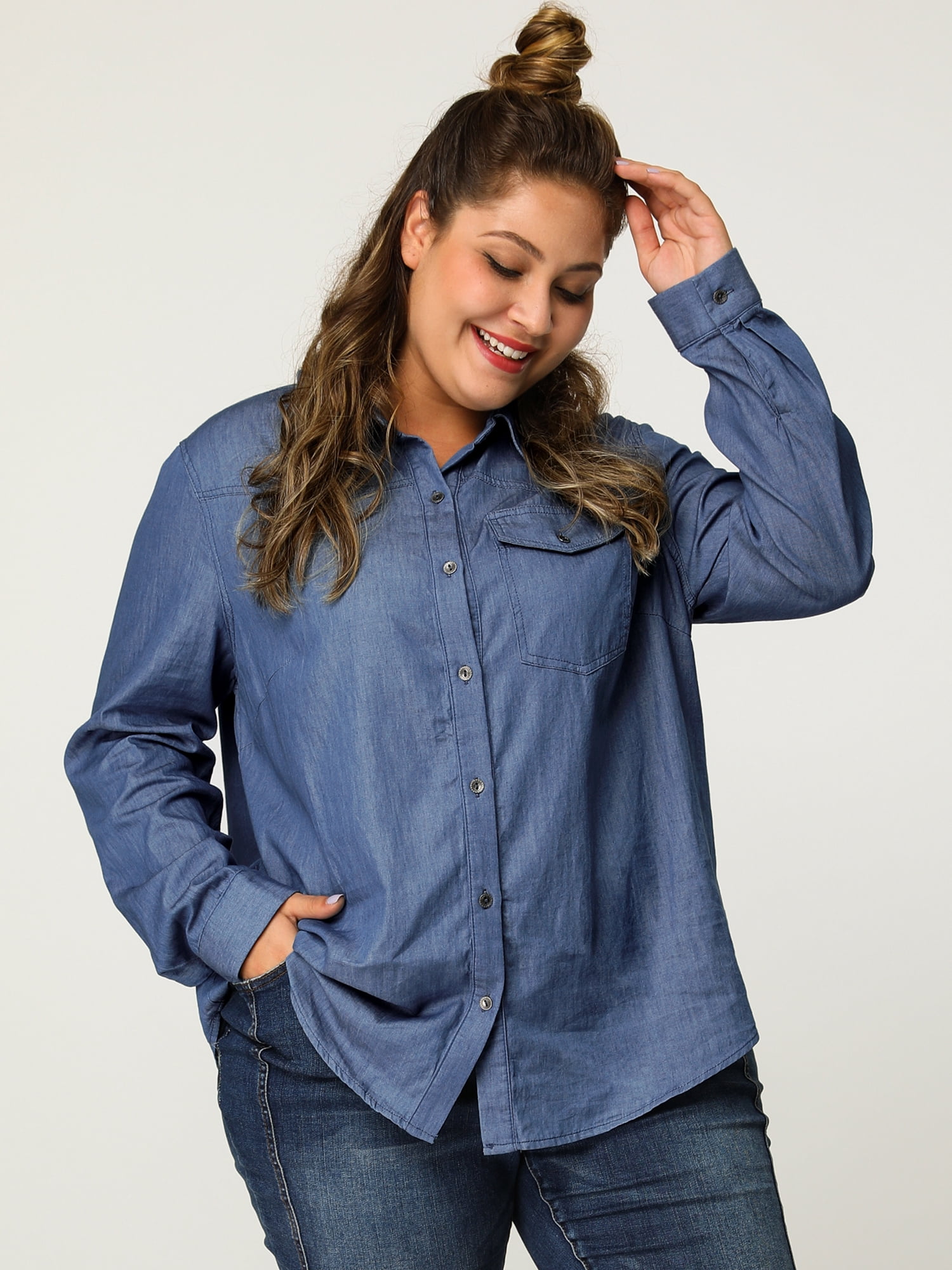 DARING DIVA Women's Plus Chest Pocket Long Sleeve Denim Chambray Shirt 6X Blue