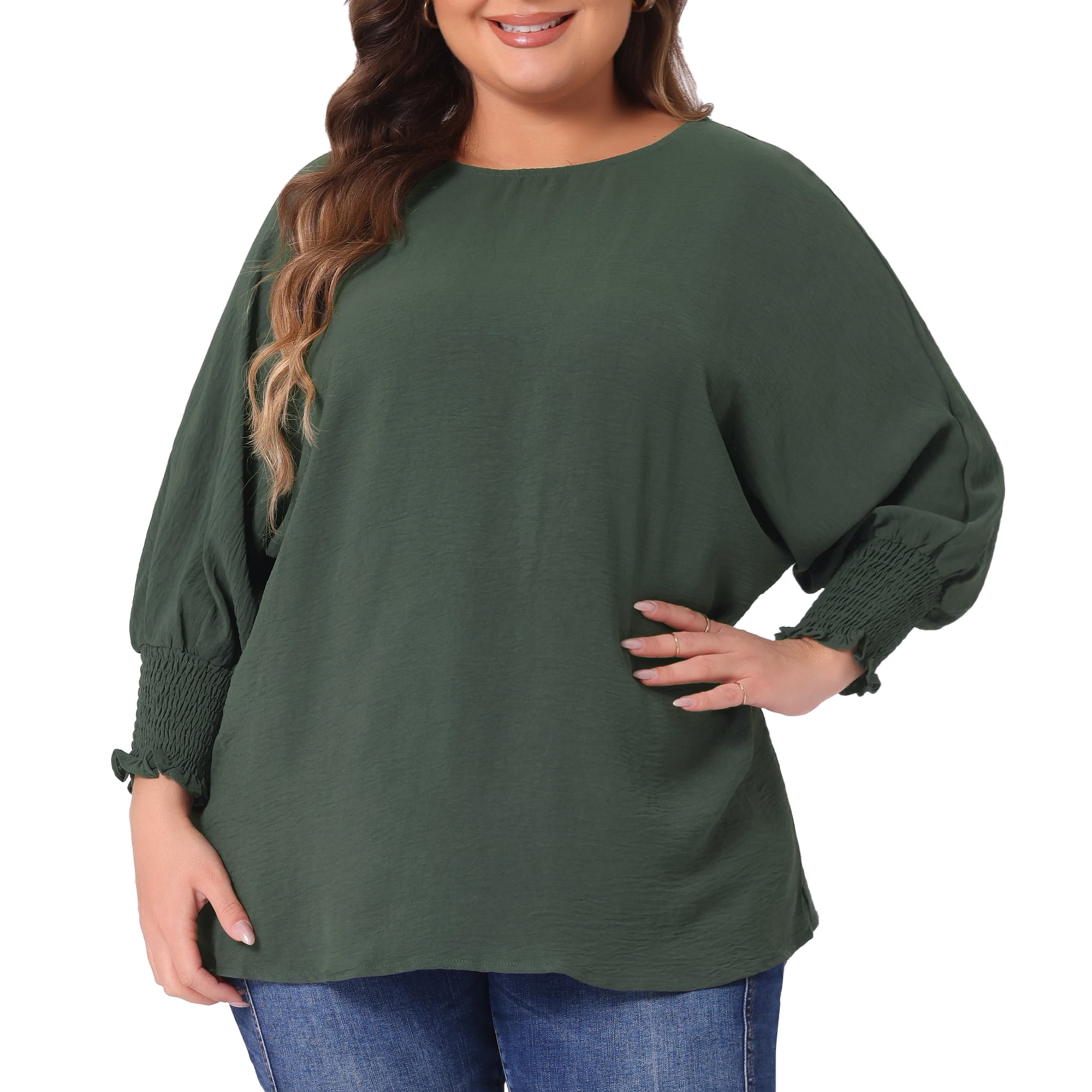 DARING DIVA Women's Plus Chiffon Batwing Ruffle Long Sleeve Casual Blouse 1X Army Green
