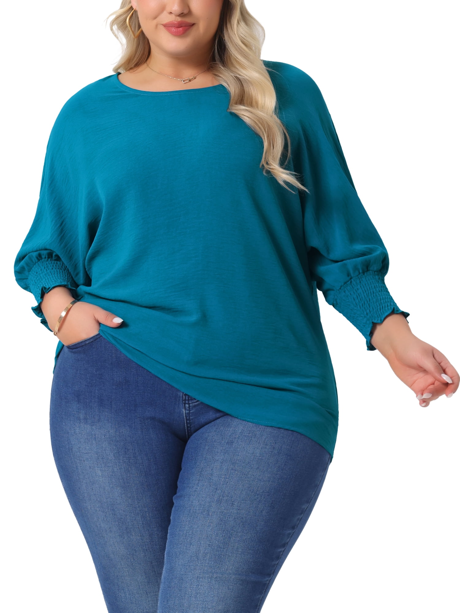 DARING DIVA Women's Plus Chiffon Batwing Ruffle Long Sleeve Casual Blouse 1X Lake Blue