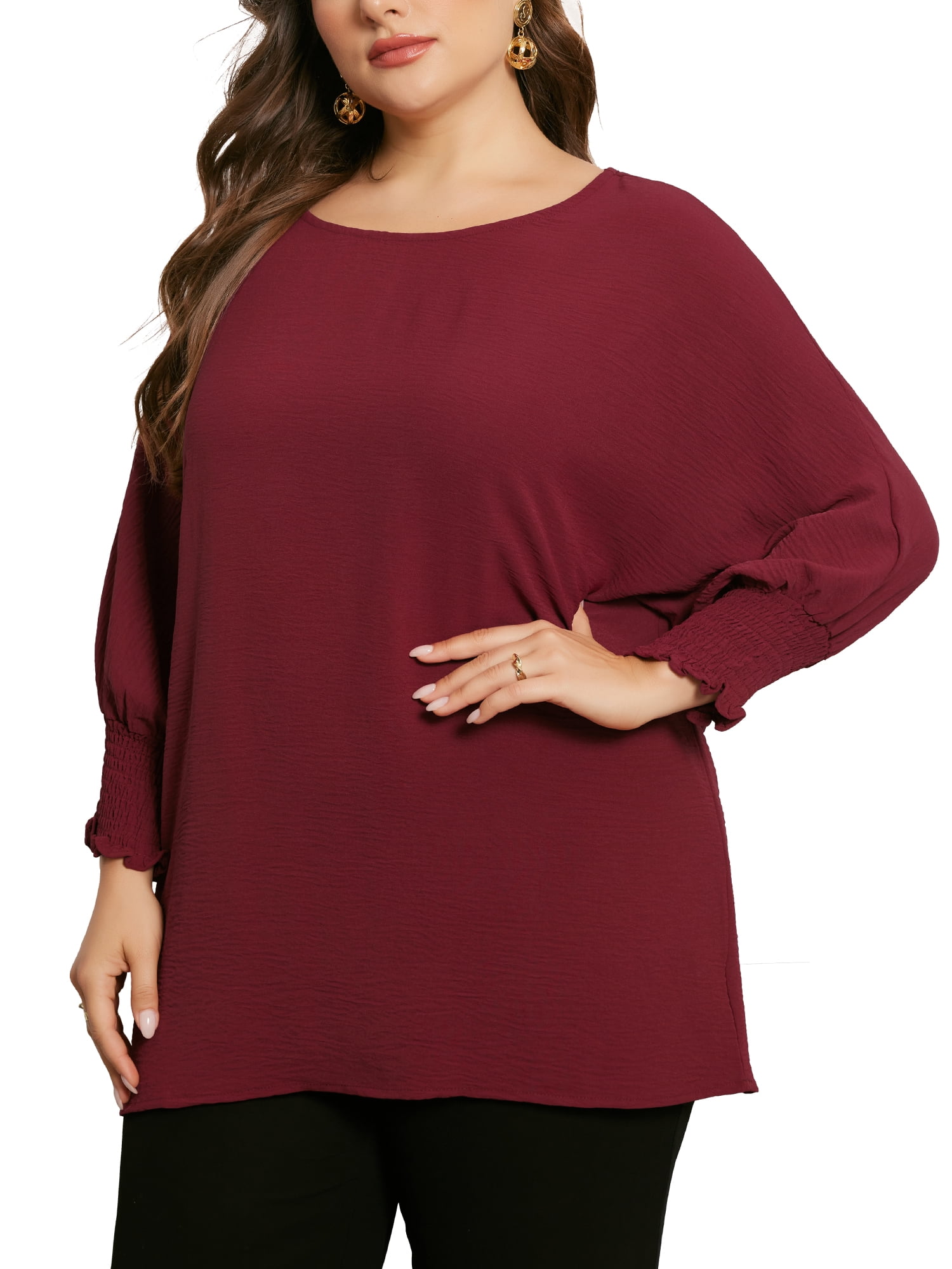 DARING DIVA Women's Plus Chiffon Batwing Ruffle Long Sleeve Casual Blouse 4X Burgundy