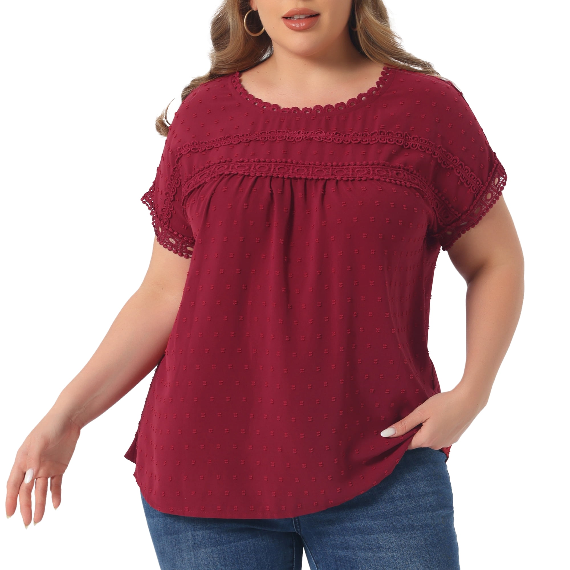 Women's Plus Tops with Swiss Dots Crew Neck Short Sleeve Casual Blouses 4X Burgundy