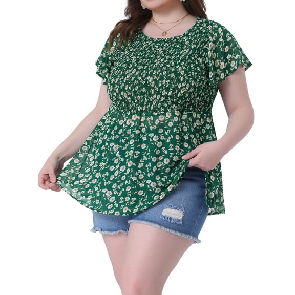 DARING DIVA Women's Plus Chiffon Flare Short Sleeves Floral Top 2X Green