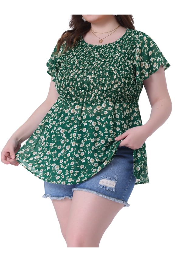 Women's Plus Chiffon Flare Short Sleeves Floral Top 3X Green