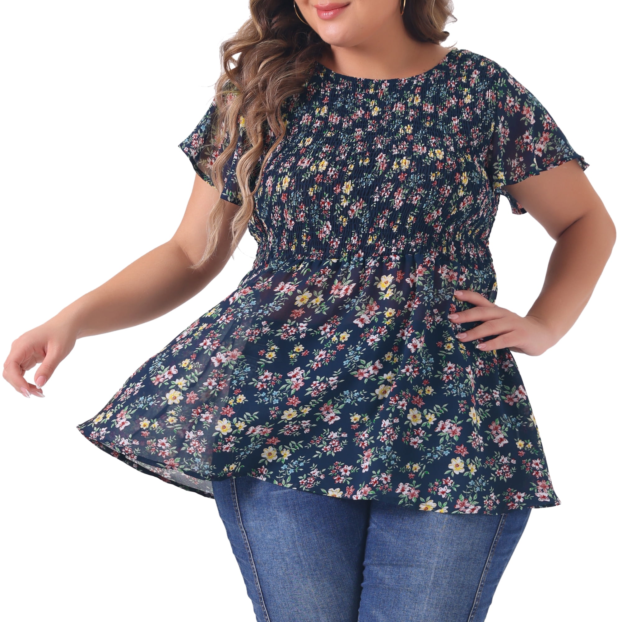 DARING DIVA Women's Plus Chiffon Flare Short Sleeves Floral Top 3X Navy Blue