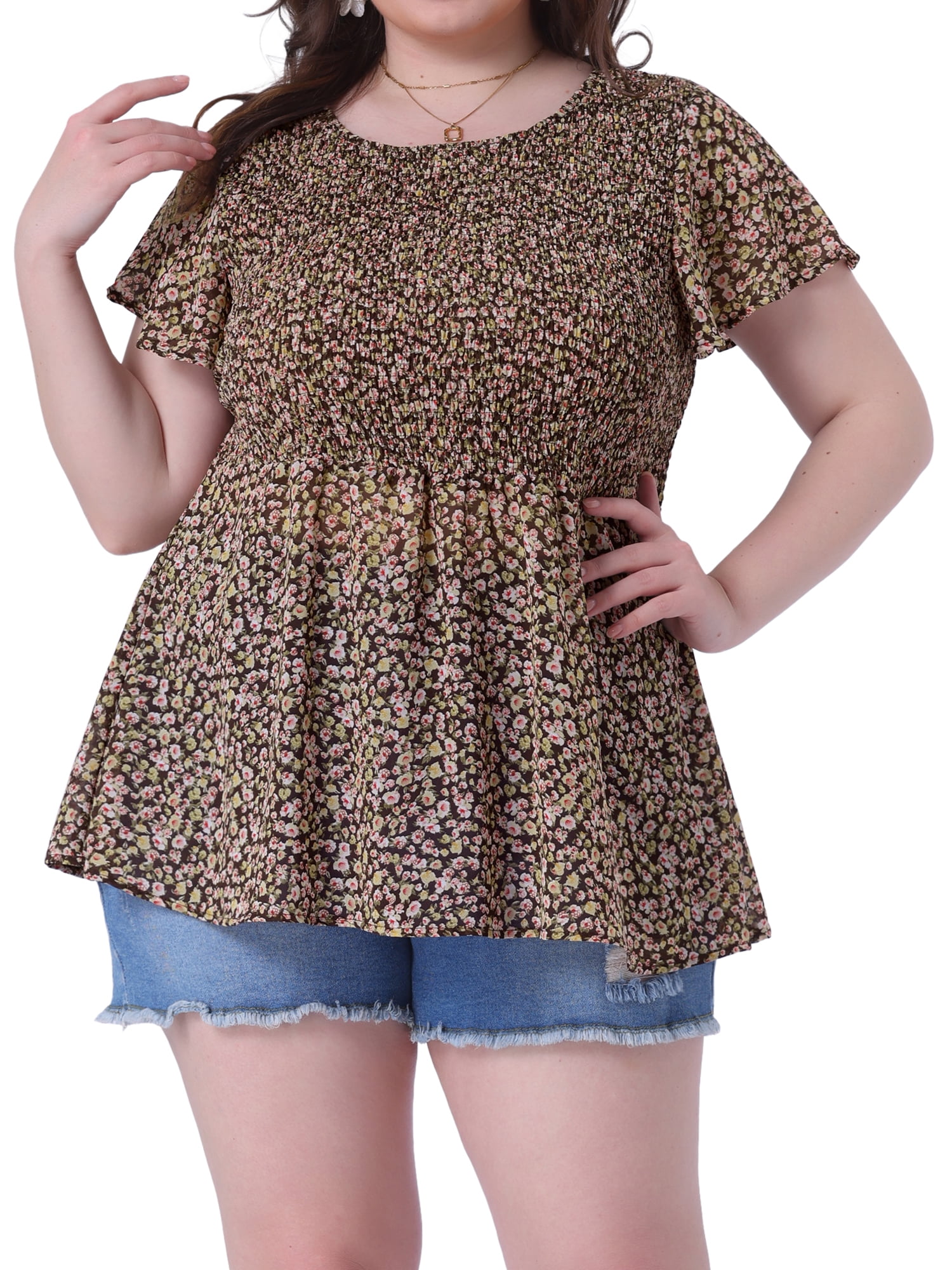 DARING DIVA Women's Plus Chiffon Flare Short Sleeves Floral Top 4X Brown
