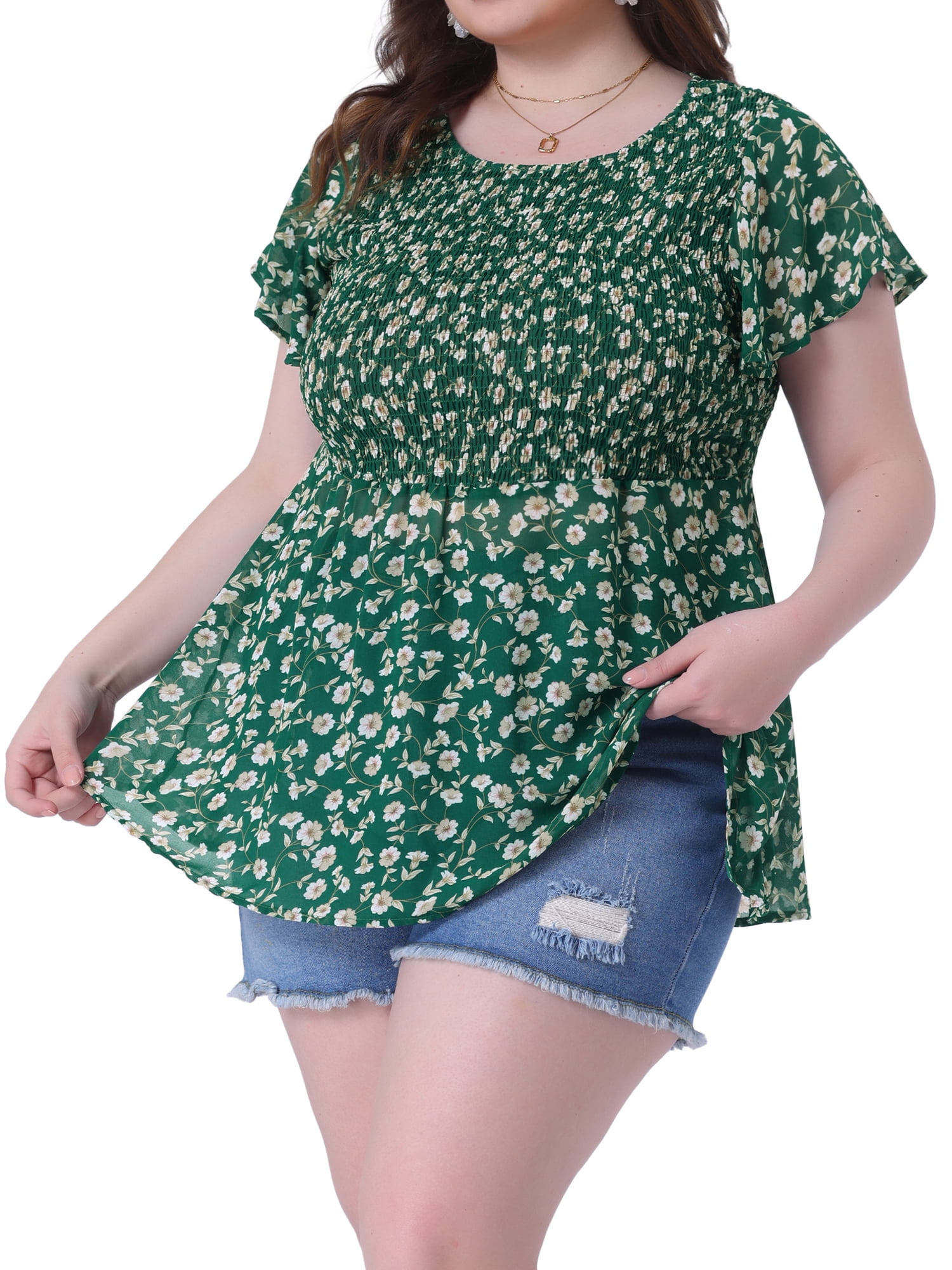 DARING DIVA Women's Plus Chiffon Flare Short Sleeves Floral Top 4X Green