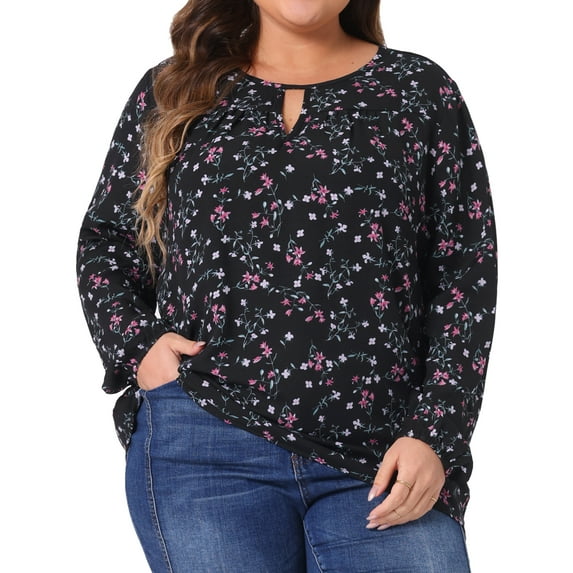DARING DIVA Women's Plus Chiffon Keyhole Long Sleeve Retro Ditsy Floral Top 2X Black Pink