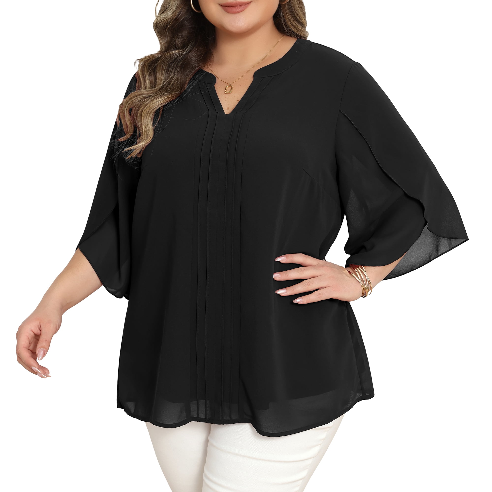 DARING DIVA Women's Plus Chiffon Pleated Front 3/4 Sleeve Top 1X Black