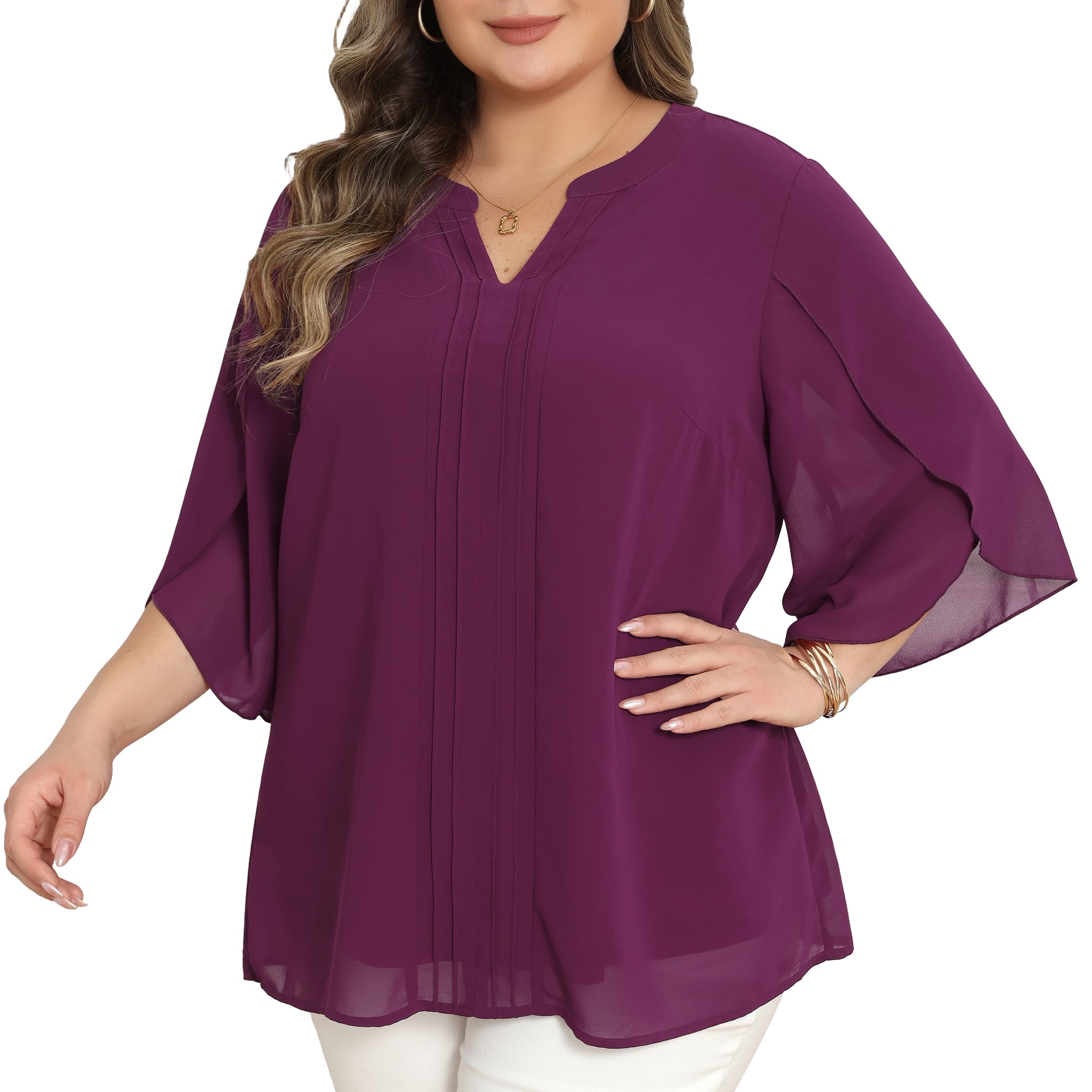 DARING DIVA Women's Plus Chiffon Pleated Front 3/4 Sleeve Top 1X Purple