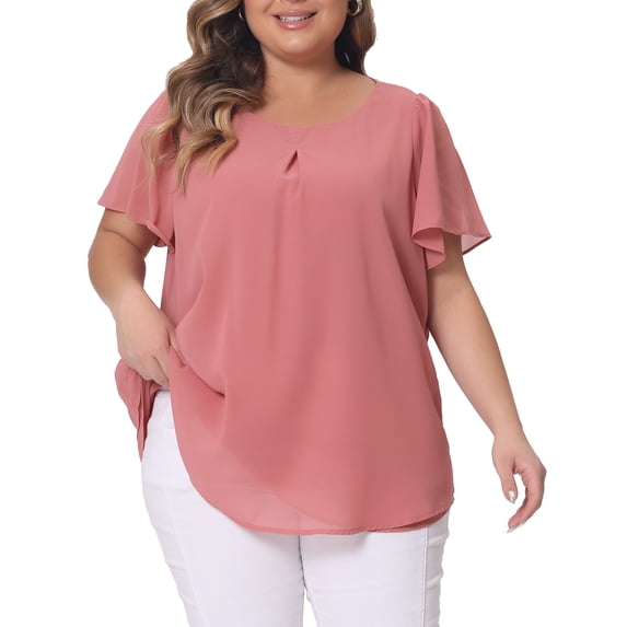 DARING DIVA Women's Plus Chiffon Ruffle Double-Layered Top 1X Pink