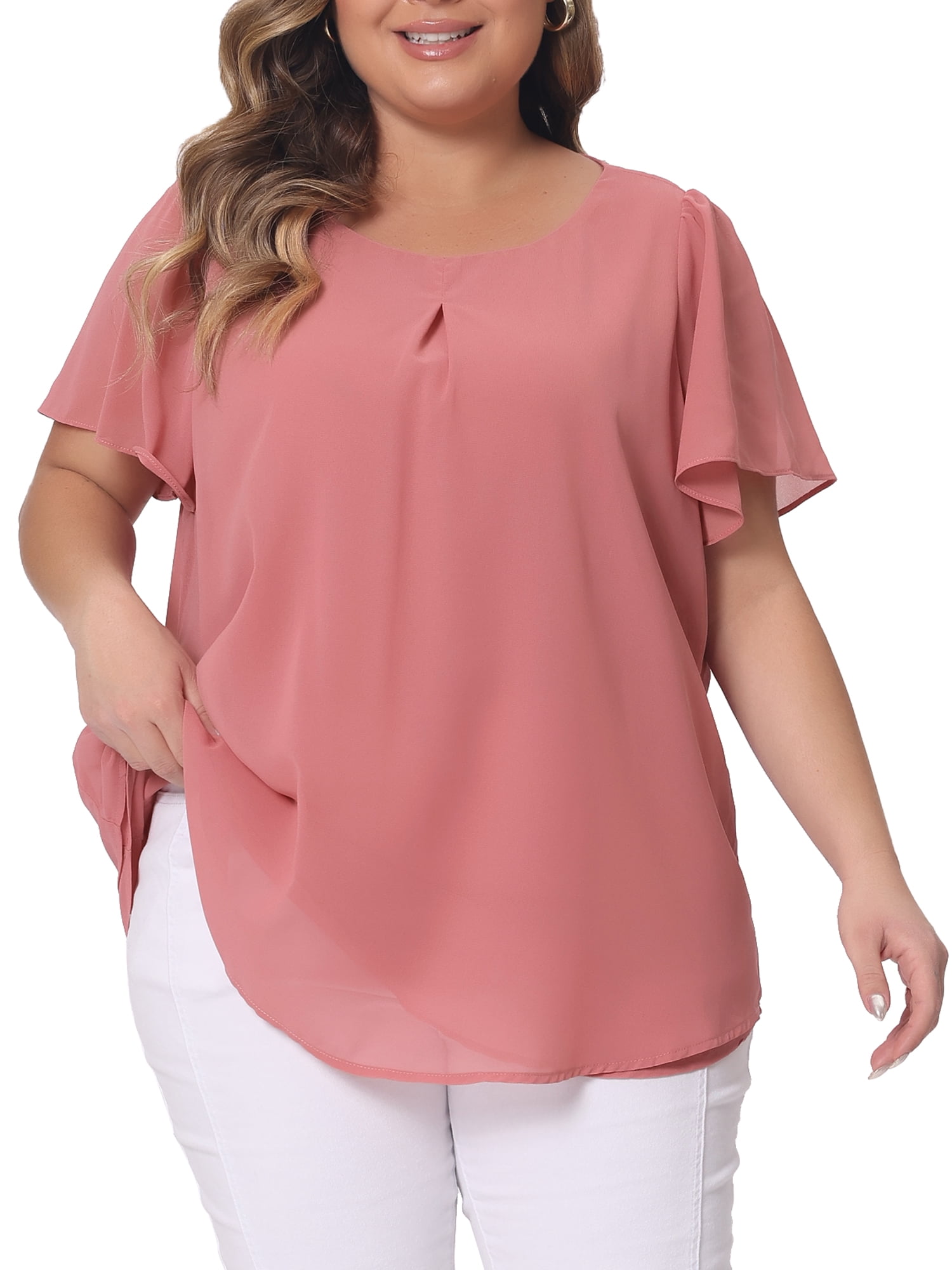 DARING DIVA Women's Plus Chiffon Ruffle Double-Layered Top 2X Pink