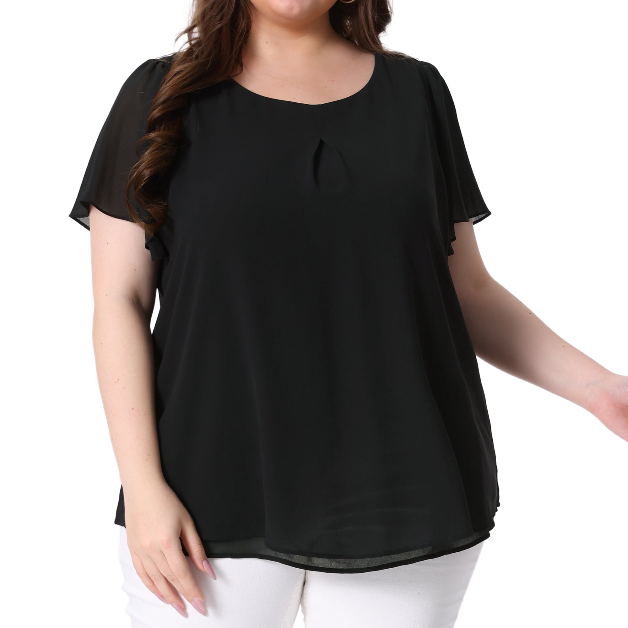 DARING DIVA Women's Plus Chiffon Ruffle Double-Layered Top 3X Black