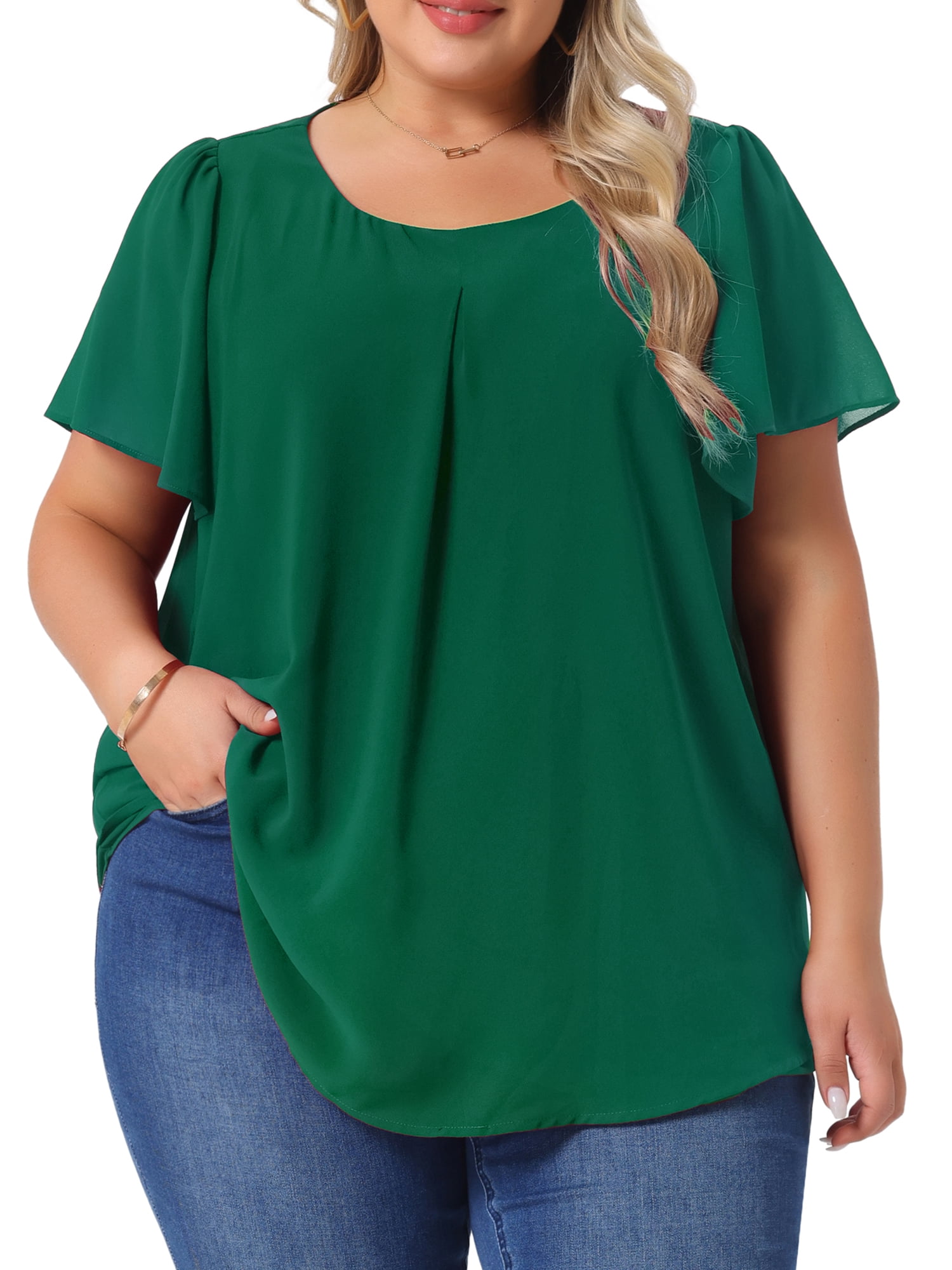 DARING DIVA Women's Plus Chiffon Ruffle Double-Layered Top 3X Dark Green