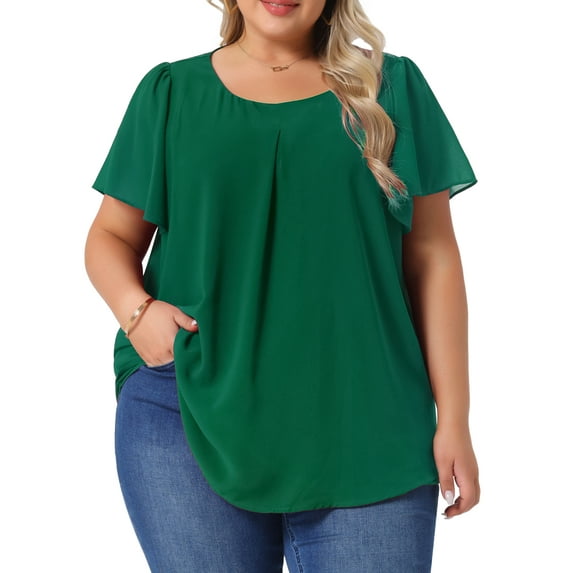 DARING DIVA Women's Plus Chiffon Ruffle Double-Layered Top 3X Dark Green