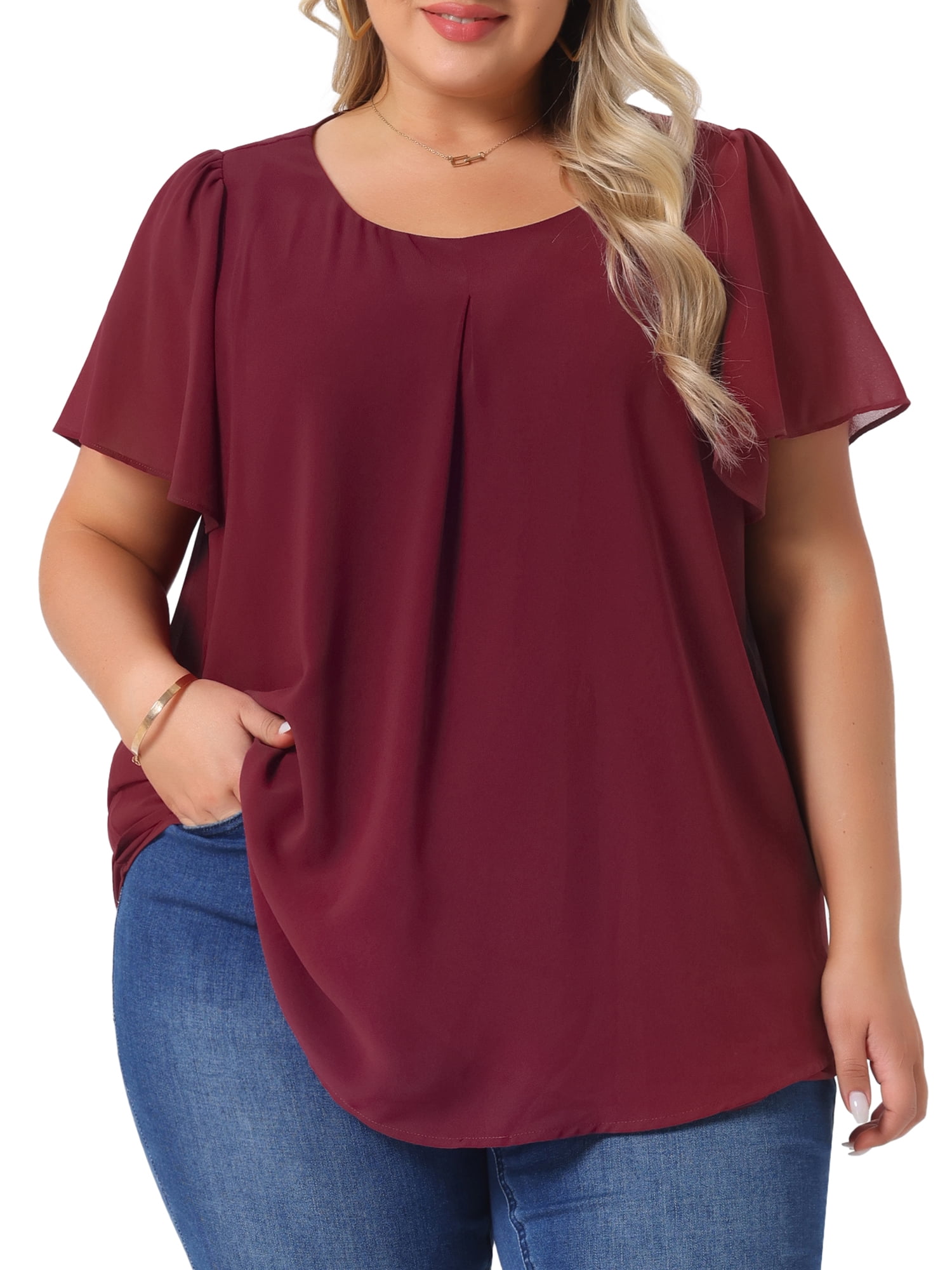 DARING DIVA Women's Plus Chiffon Ruffle Double-Layered Top 1X Burgundy
