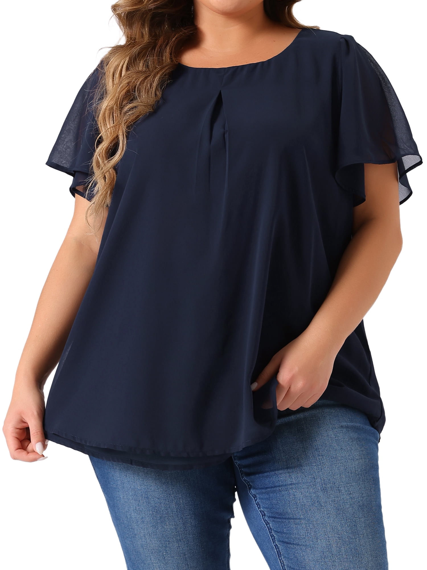 DARING DIVA Women's Plus Chiffon Ruffle Double-Layered Top 1X Navy Blue