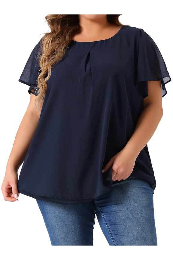 Women's Plus Chiffon Ruffle Double-Layered Top 1X Navy Blue