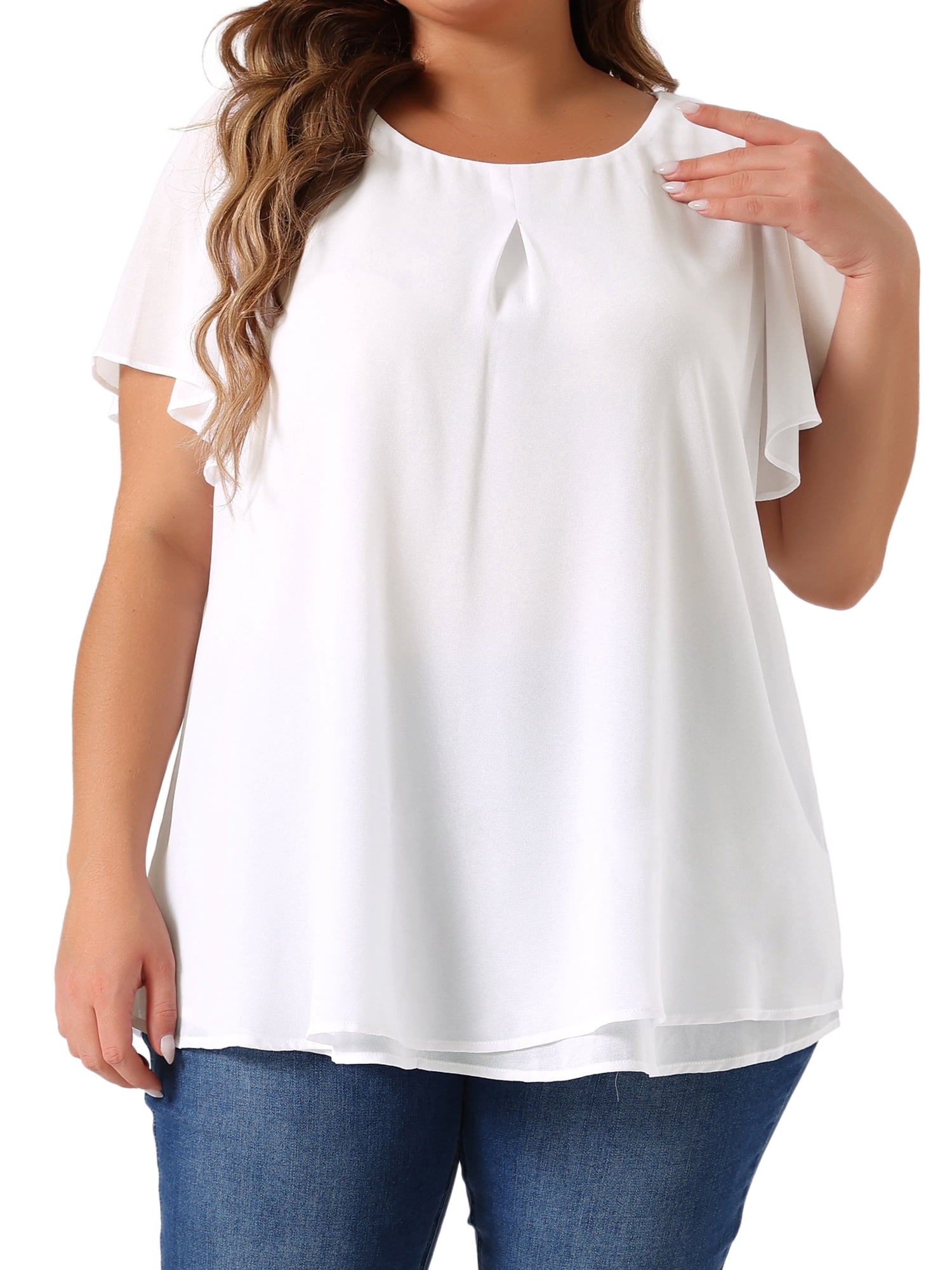 DARING DIVA Women's Plus Chiffon Ruffle Double-Layered Top 1X White