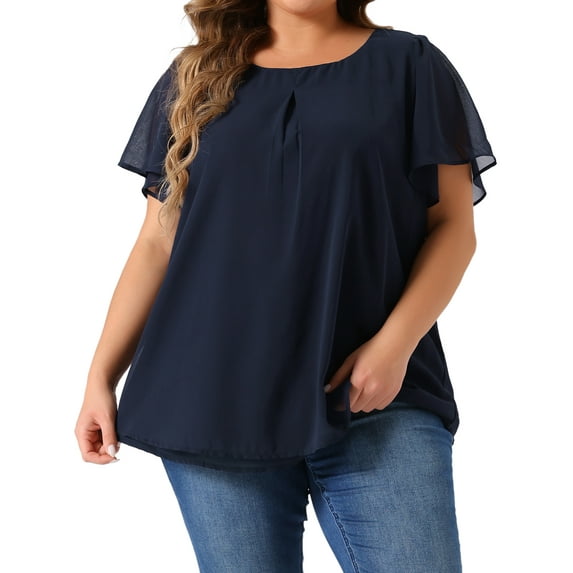 DARING DIVA Women's Plus Chiffon Ruffle Double-Layered Top 2X Navy Blue