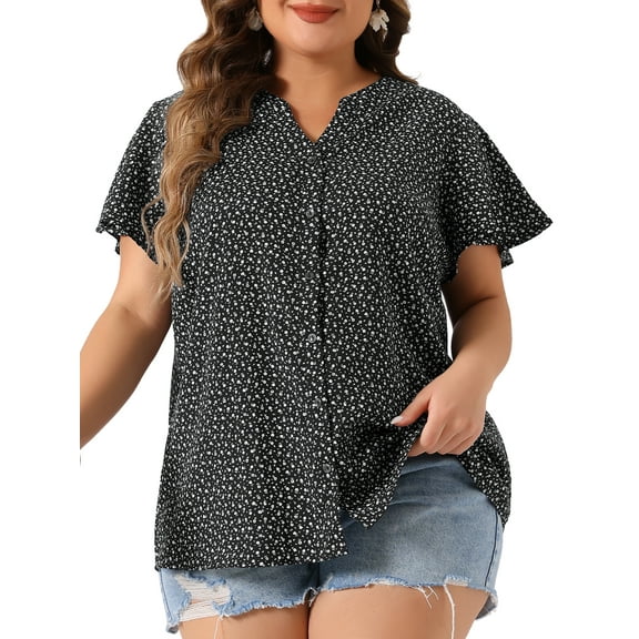 DARING DIVA Women's Plus Chiffon Short Sleeve Button Down Floral Top 3X Black White