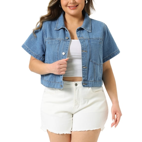 DARING DIVA Women's Plus Classic Washed Cropped Denim Jacket 1X Light Blue