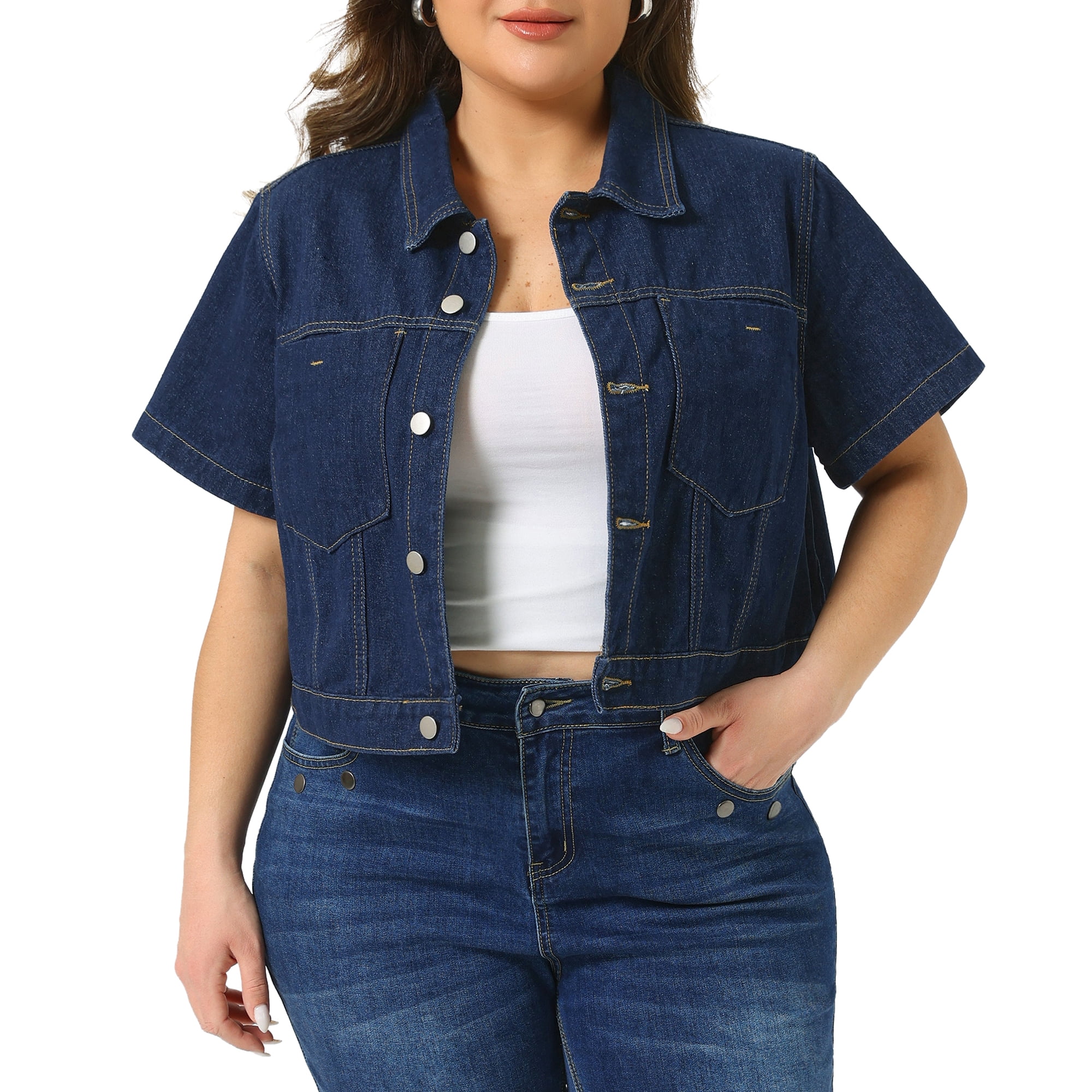 DARING DIVA Women's Plus Classic Washed Cropped Denim Jacket 4X Dark Blue