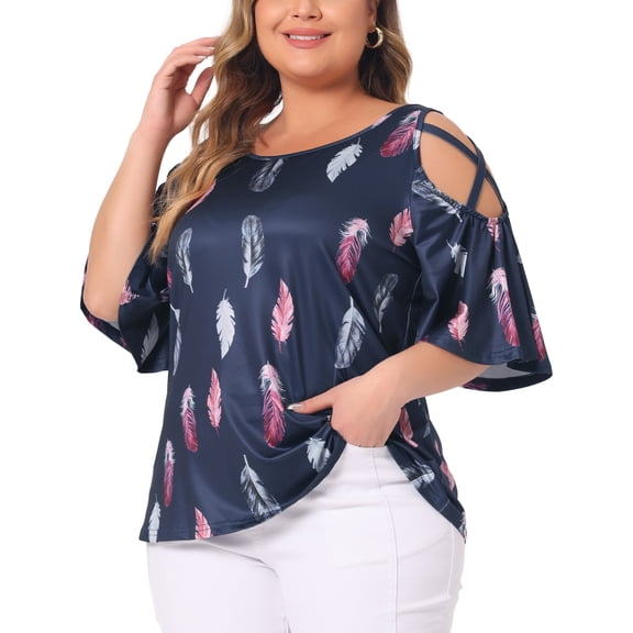 DARING DIVA Women's Plus Cold Shoulder Feather Round Neck Summer Tops 1X Navy Blue