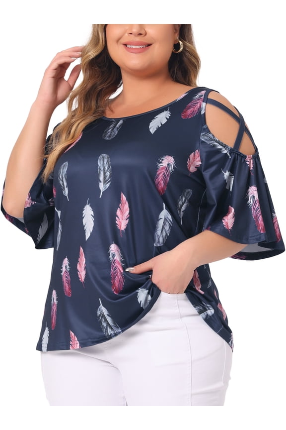 Women's Plus Cold Shoulder Feather Round Neck Summer Tops 1X Navy Blue