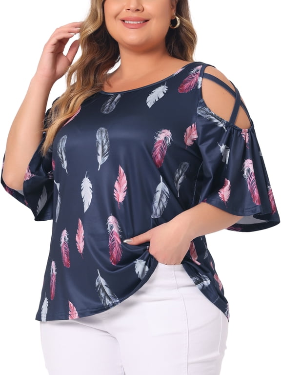 Women's Plus Cold Shoulder Feather Round Neck Summer Tops 2X Navy Blue