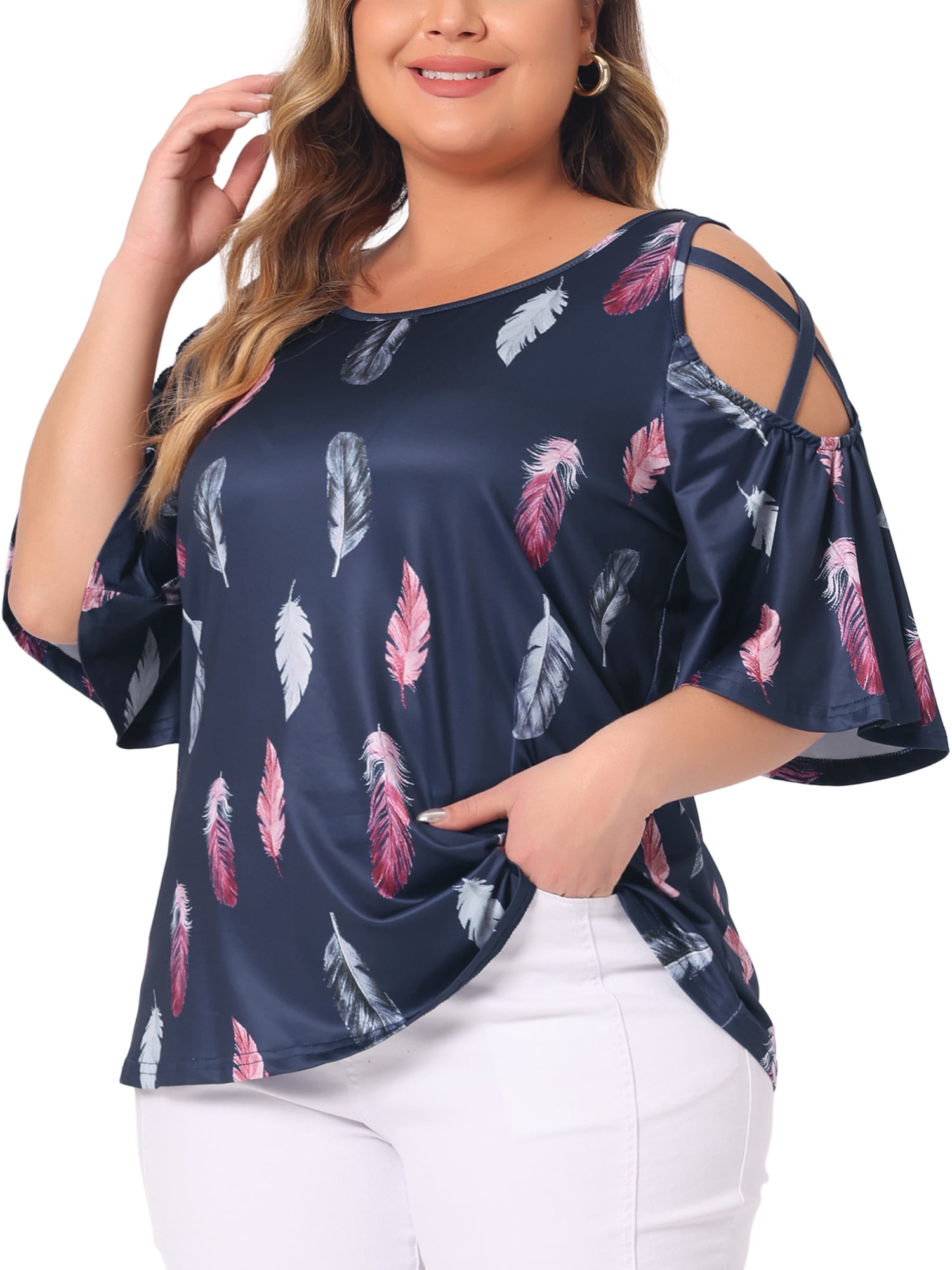 DARING DIVA Women's Plus Cold Shoulder Feather Round Neck Summer Tops 3X Navy Blue