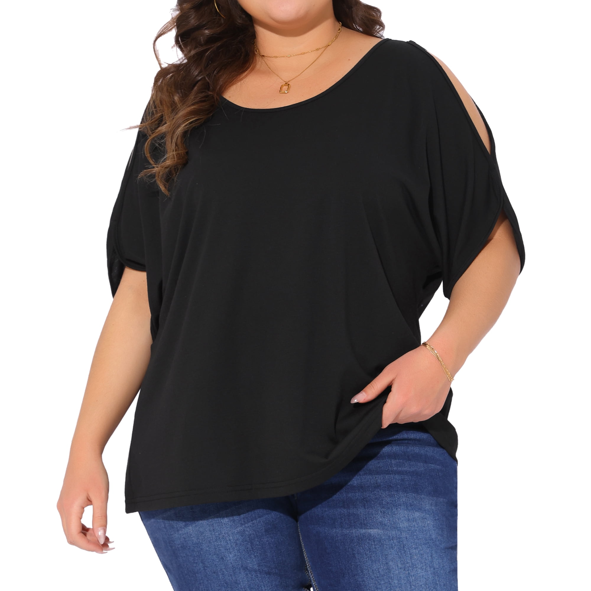 DARING DIVA Women's Plus Casual Crew Neck Cold Shoulder Summer Blouse 2X Black