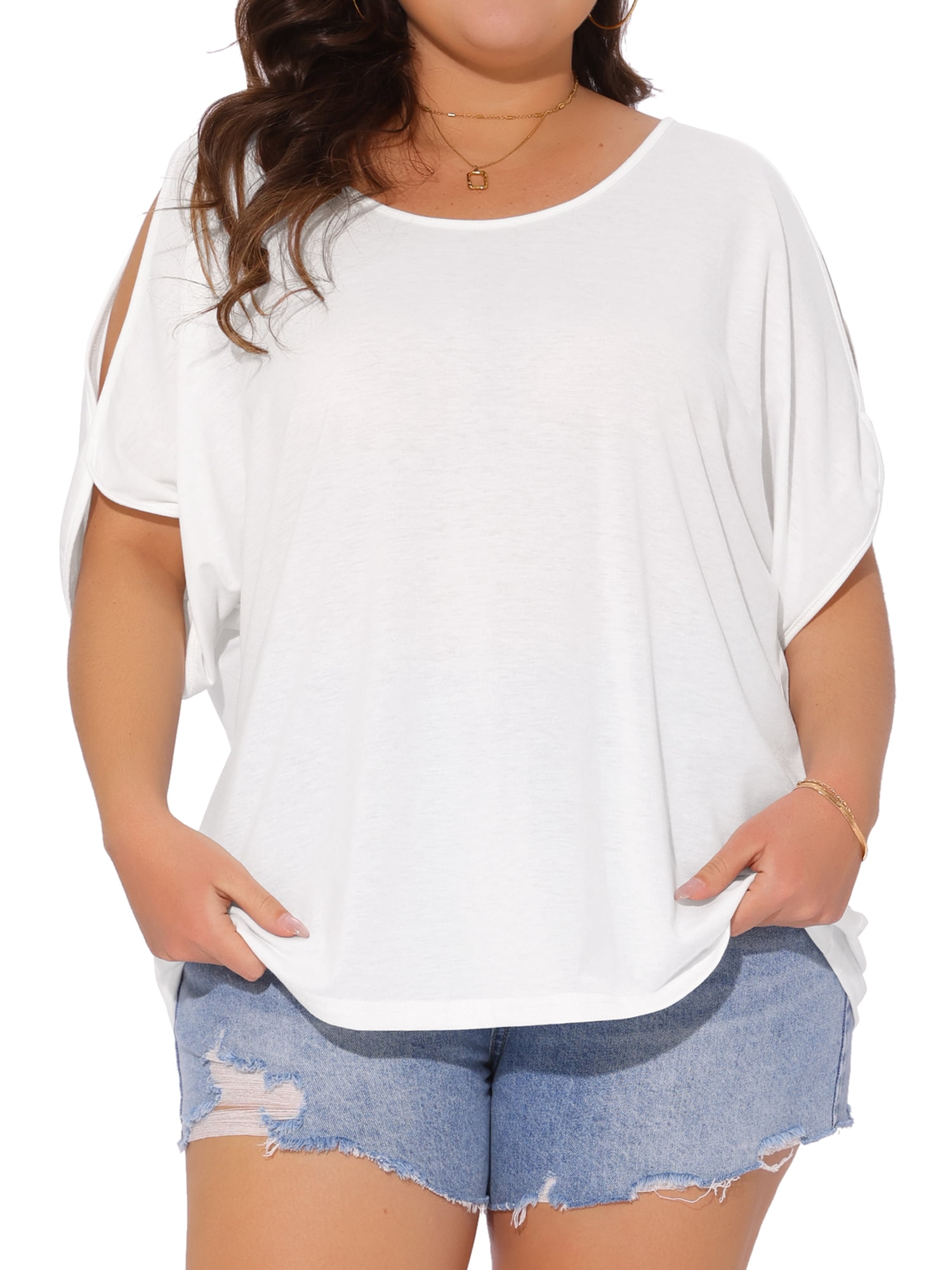 DARING DIVA Women's Plus Casual Crew Neck Cold Shoulder Summer Blouse 4X White