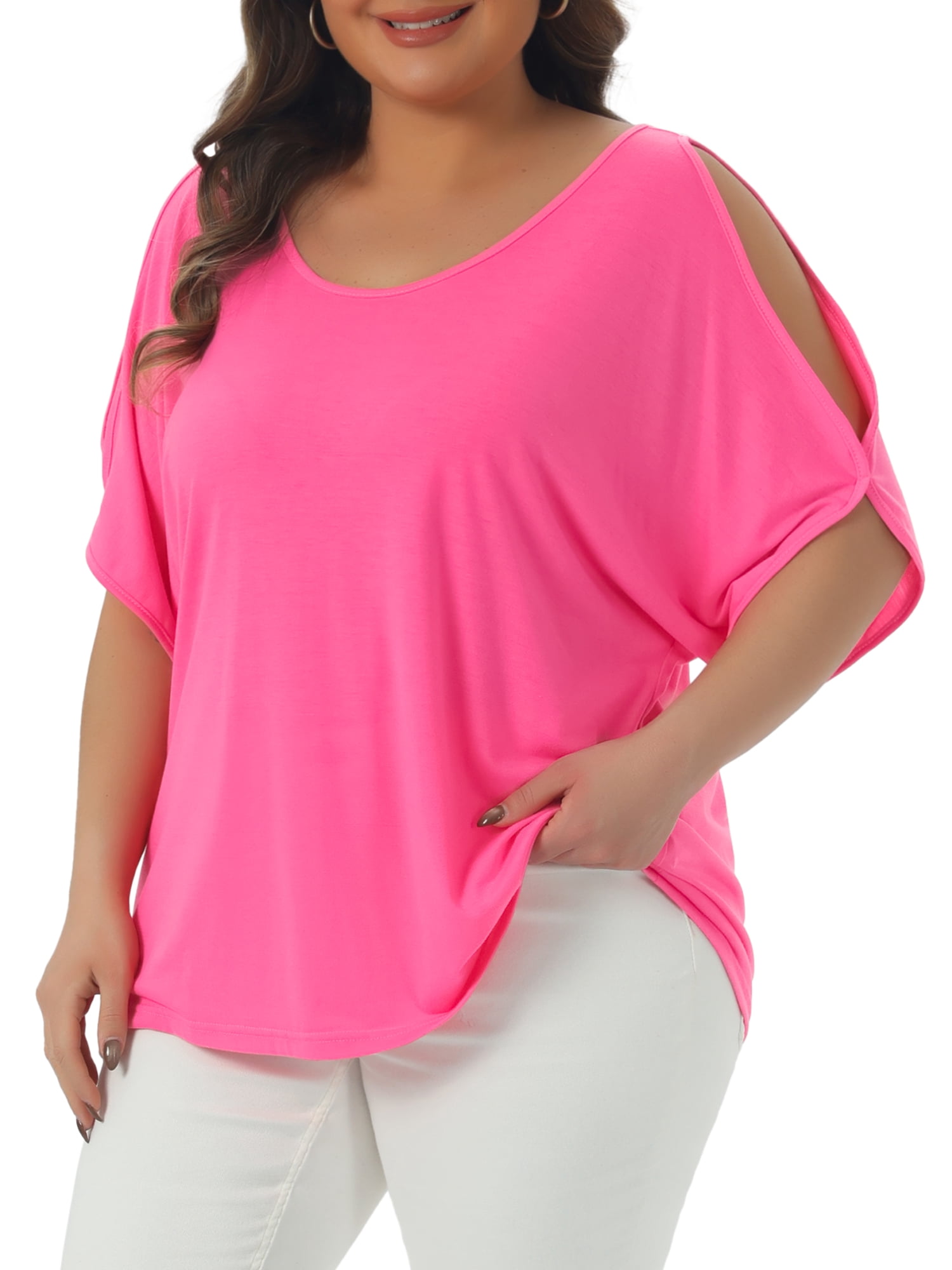 DARING DIVA Women's Plus Casual Crew Neck Cold Shoulder Summer Blouse 1X Pink